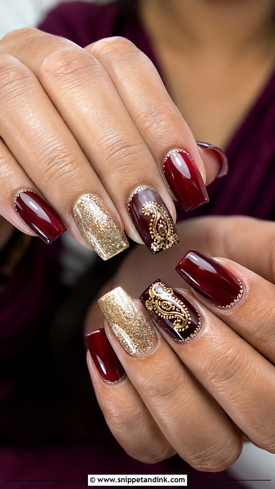 Maroon Indian Bridal Nail Extensions - Snippet and Ink - 20 Indian Bridal Nail Extension Designs