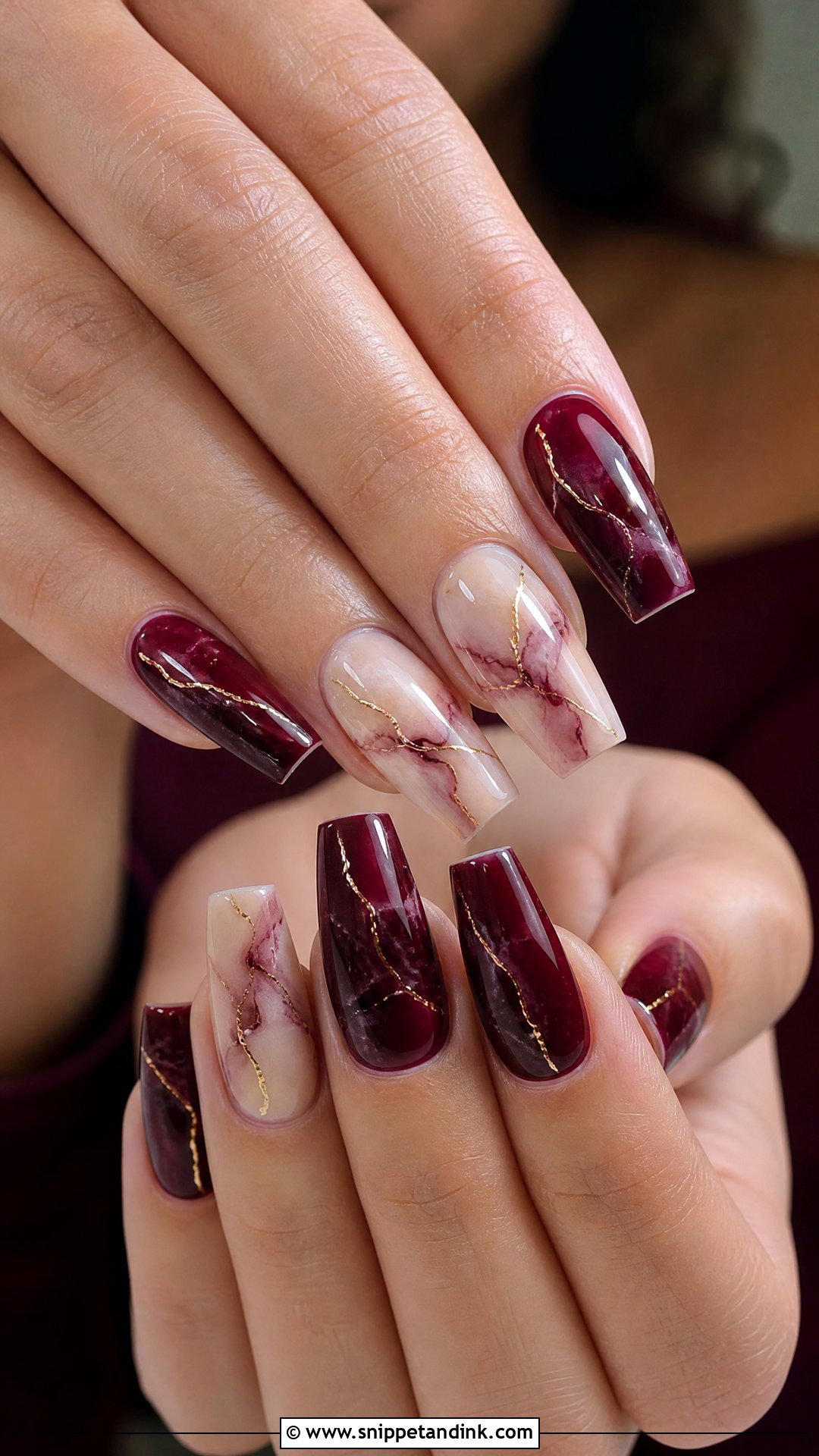 Maroon Marble Wedding Nails - Snippet and Ink - 25 Maroon Wedding Nail Art Ideas