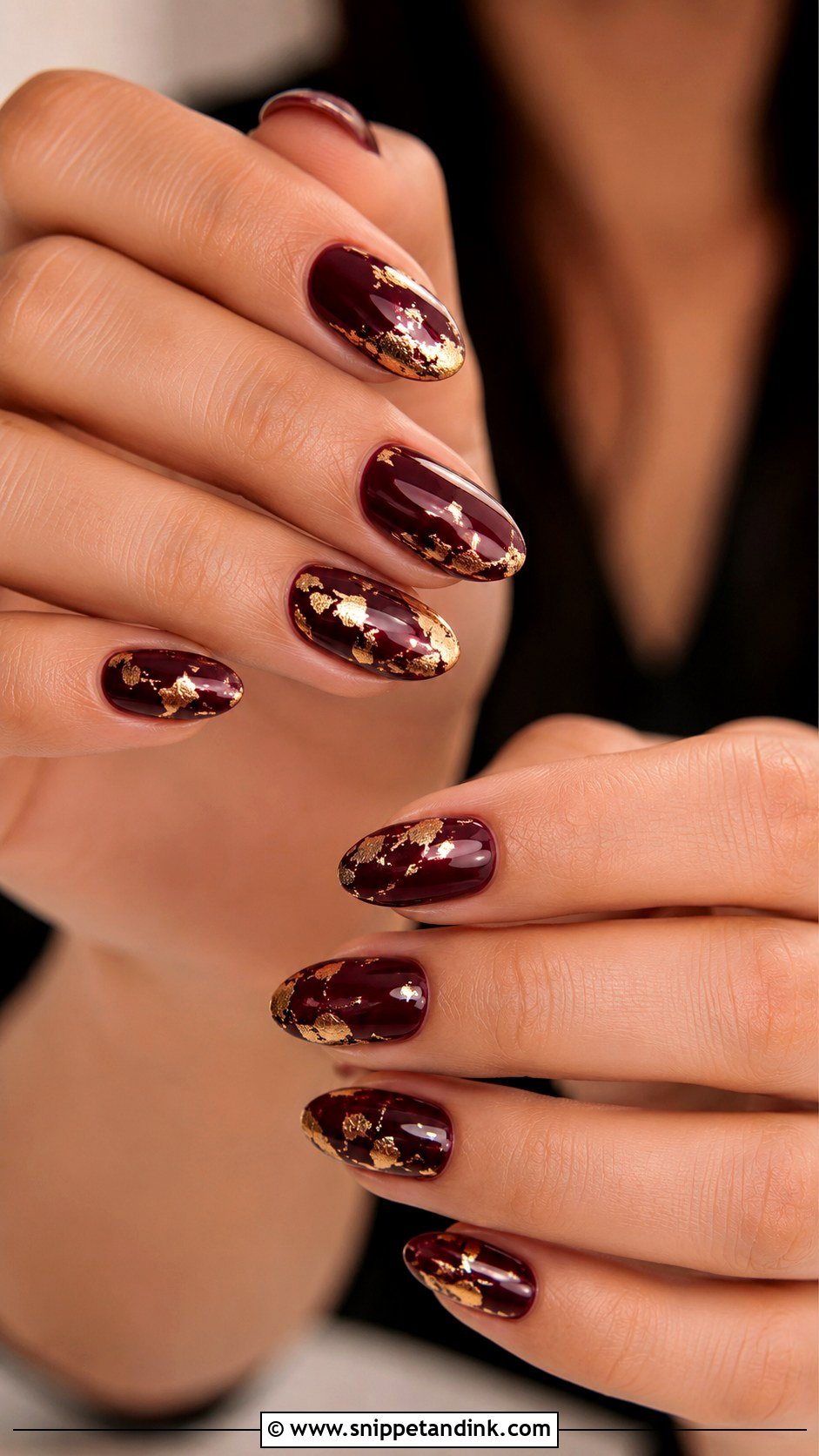 Maroon Nails With Gold Foil - Snippet and Ink - 20 Nails for Indian Wedding Guest
