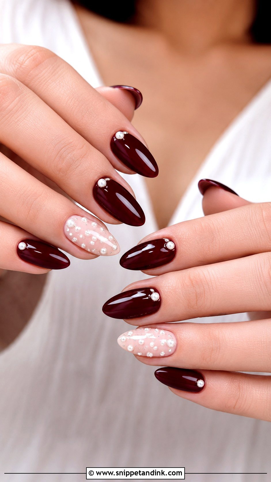Maroon Nails With Pearl Accents - Snippet and Ink - 20 Maroon Wedding Nails for Bride