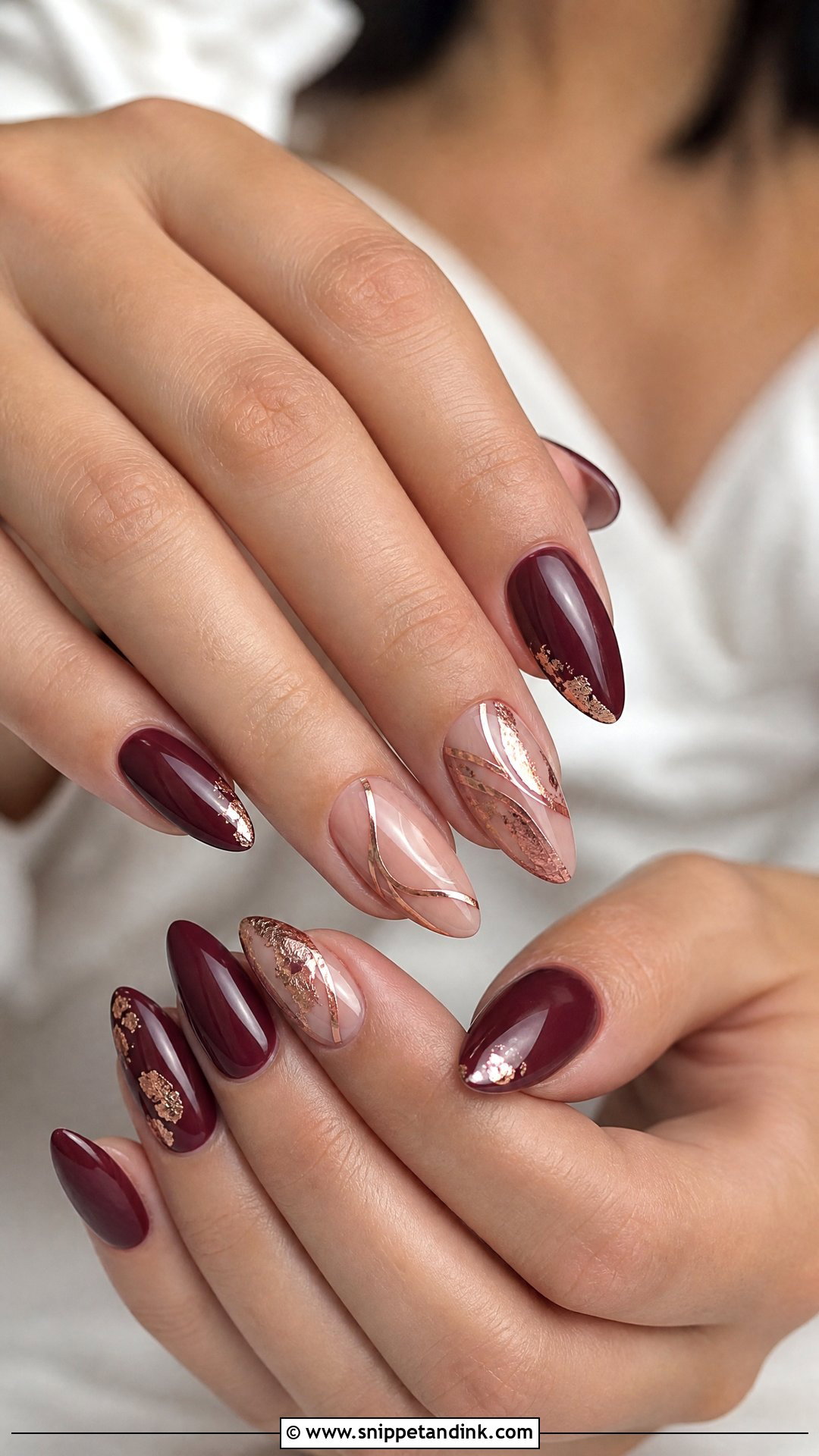 Maroon Rose Gold Wedding Nails - Snippet and Ink - 25 Maroon Wedding Nail Art Ideas