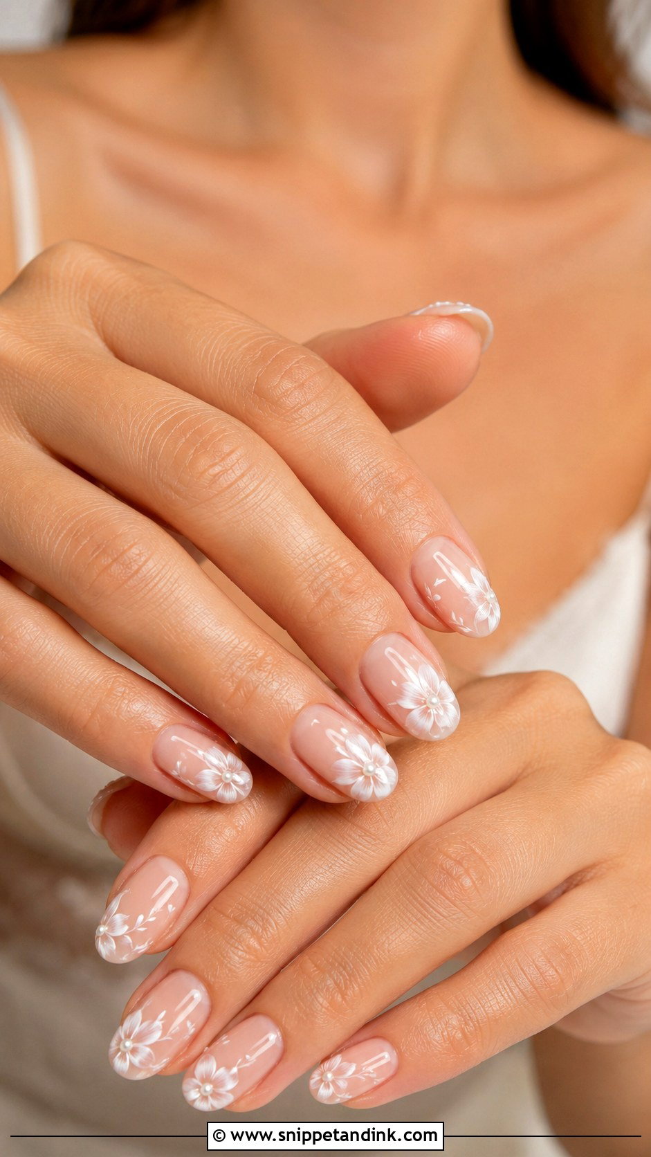 Marriage Nude Nails With White Floral Art - Snippet and Ink - 20 Marriage Nail Art Ideas
