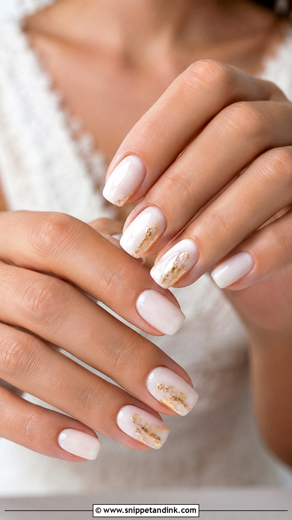 Marriage White Nails With Gold Foil - Snippet and Ink - 20 Marriage Nail Art Ideas
