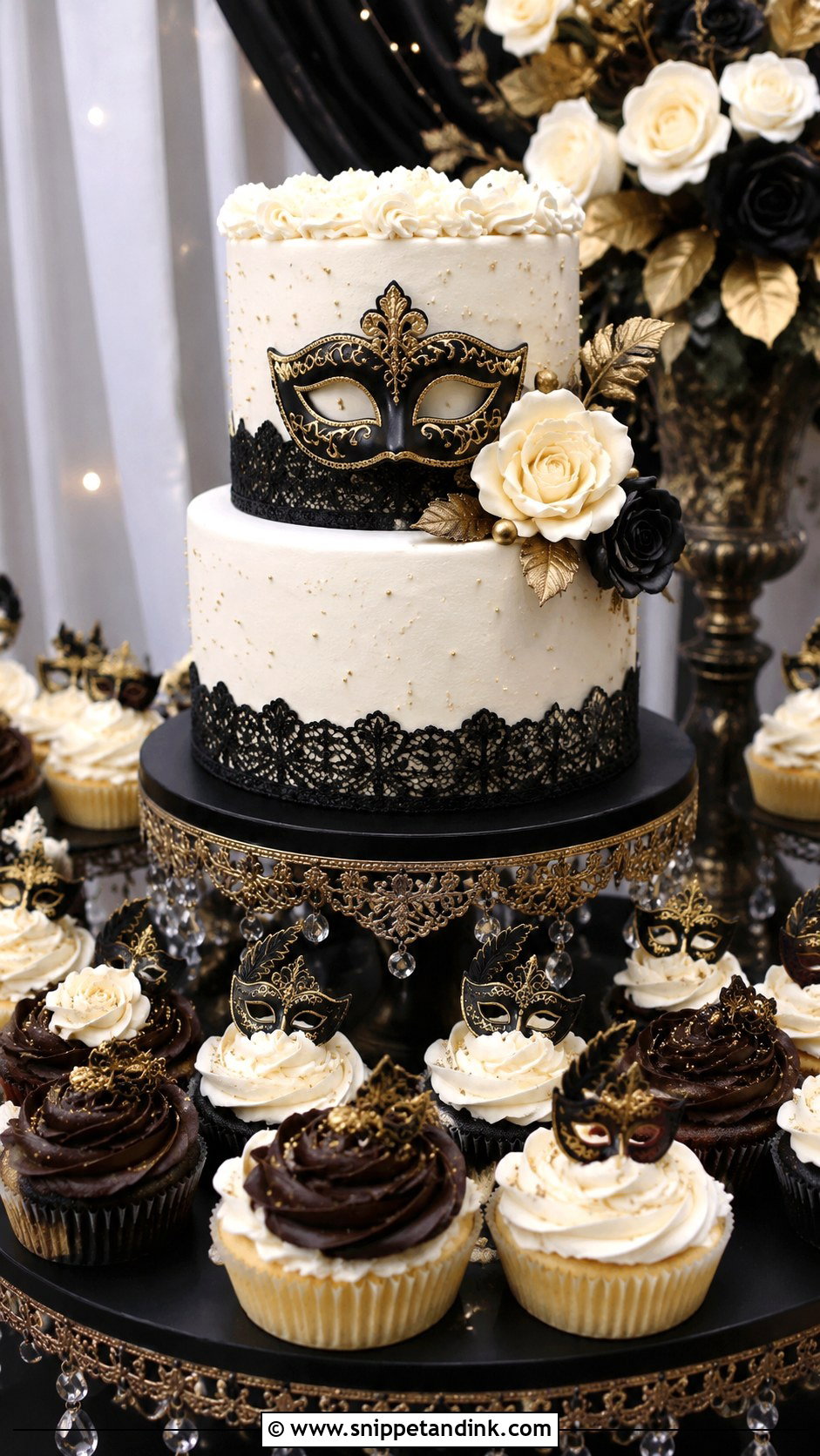 Masquerade Wedding Cake With Cupcakes - Snippet and Ink - 20 Masquerade Wedding Cake Ideas