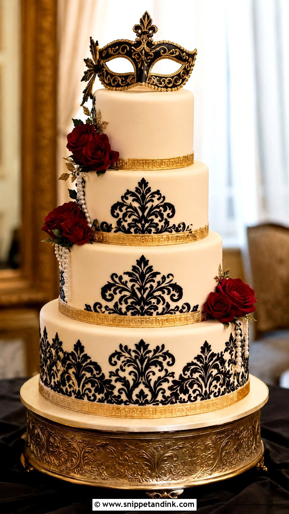 Masquerade Wedding Cake With Damask - Snippet and Ink - 20 Masquerade Wedding Cake Ideas