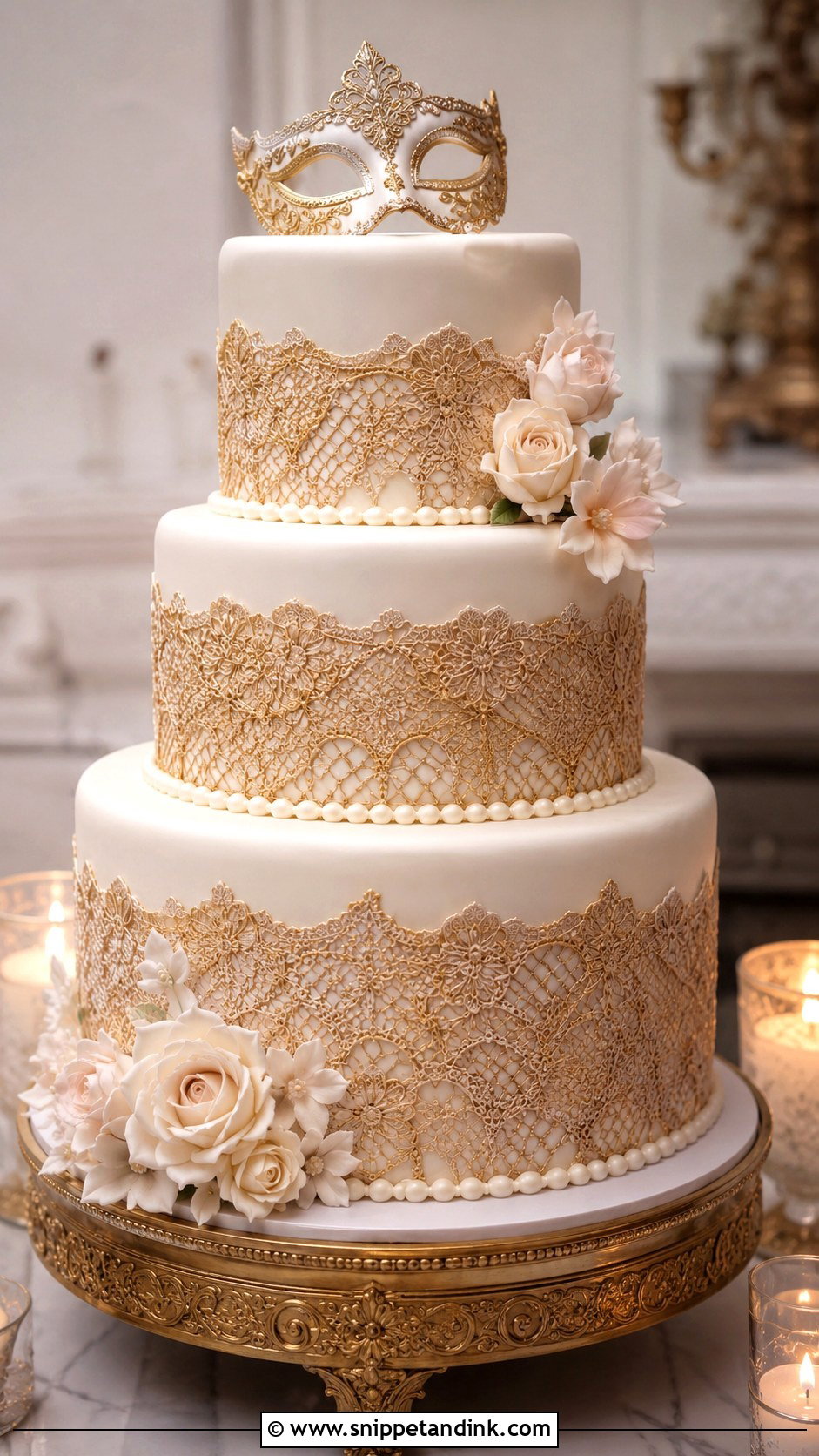 Masquerade Wedding Cake With Edible Lace - Snippet and Ink - 20 Masquerade Wedding Cake Ideas