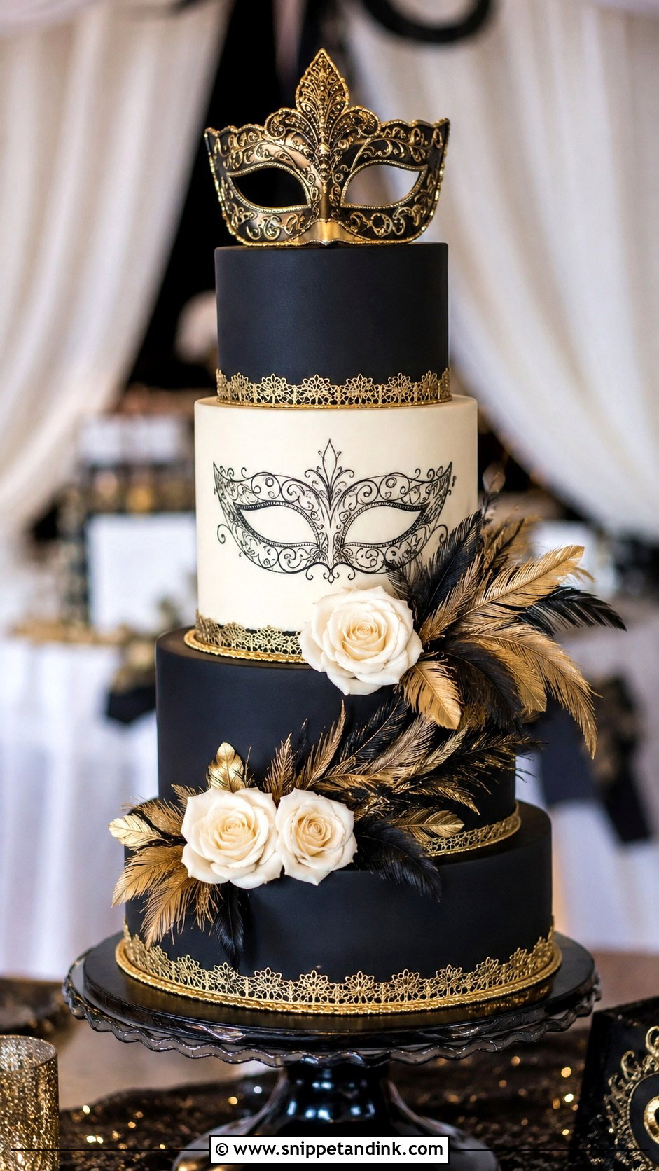Masquerade Wedding Cake With Feathers - Snippet and Ink - 20 Masquerade Wedding Cake Ideas