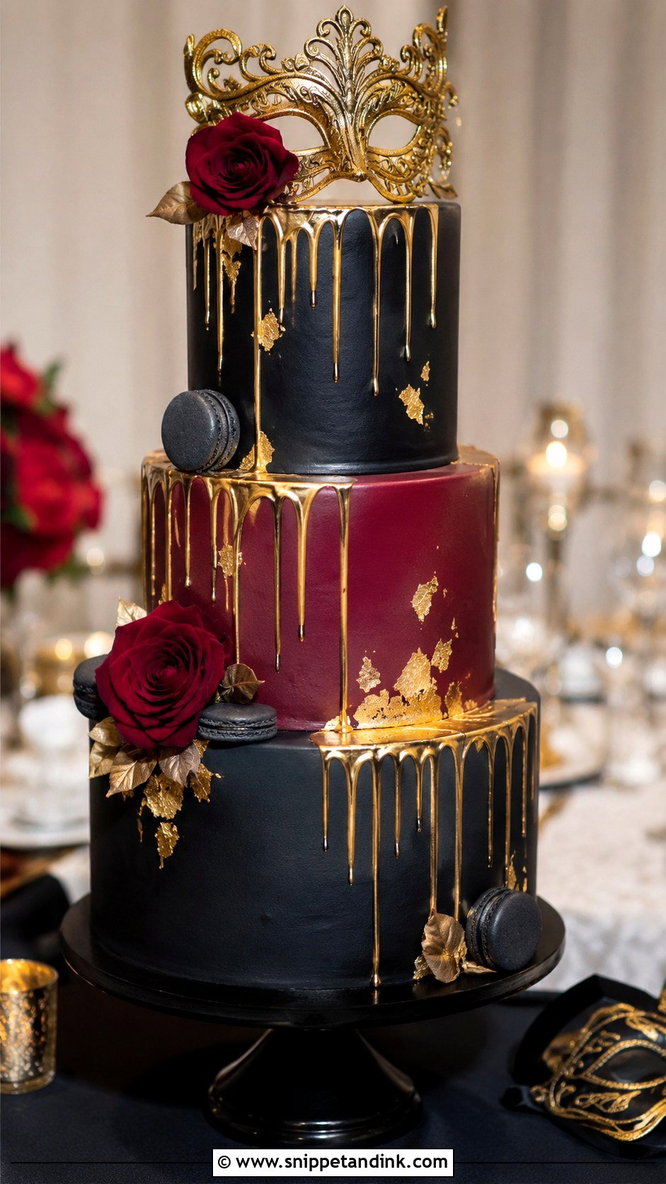 Masquerade Wedding Cake With Gold Drip - Snippet and Ink - 20 Masquerade Wedding Cake Ideas