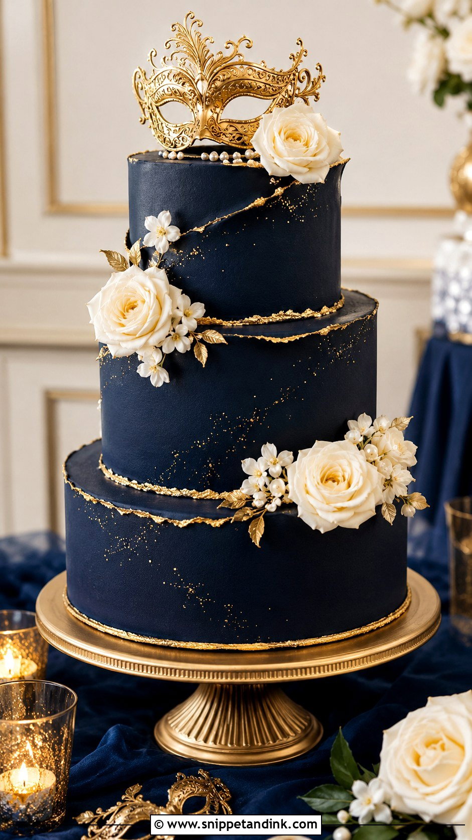 Masquerade Wedding Cake With Macarons - Snippet and Ink - 20 Masquerade Wedding Cake Ideas
