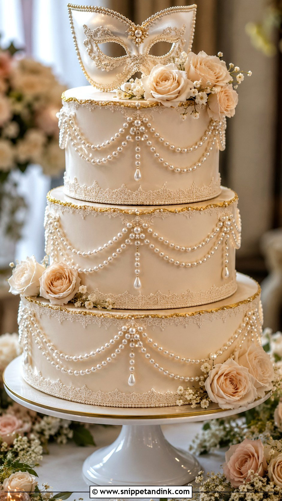Masquerade Wedding Cake With Pearls - Snippet and Ink - 20 Masquerade Wedding Cake Ideas