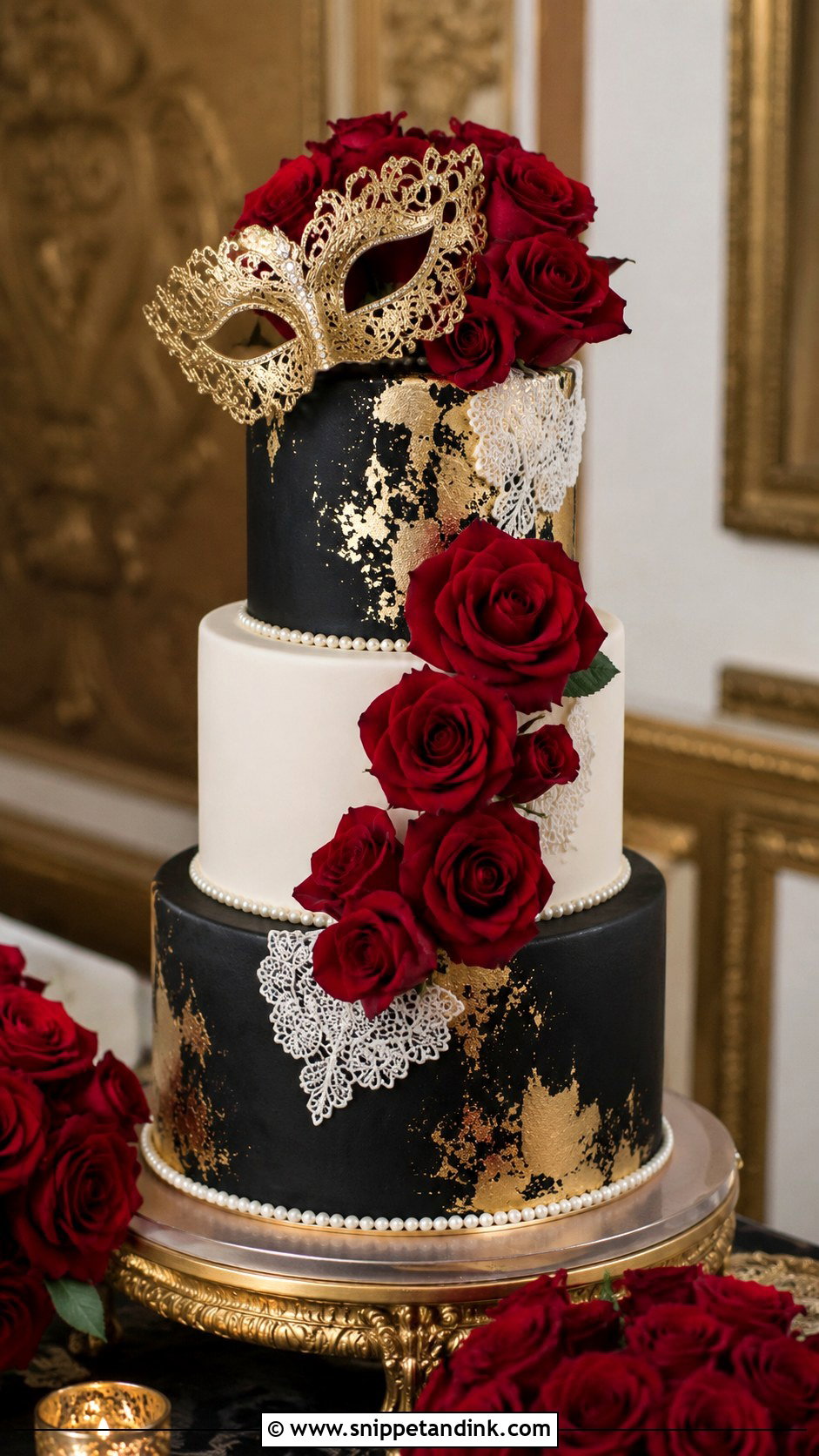 Masquerade Wedding Cake With Roses - Snippet and Ink - 20 Masquerade Wedding Cake Ideas