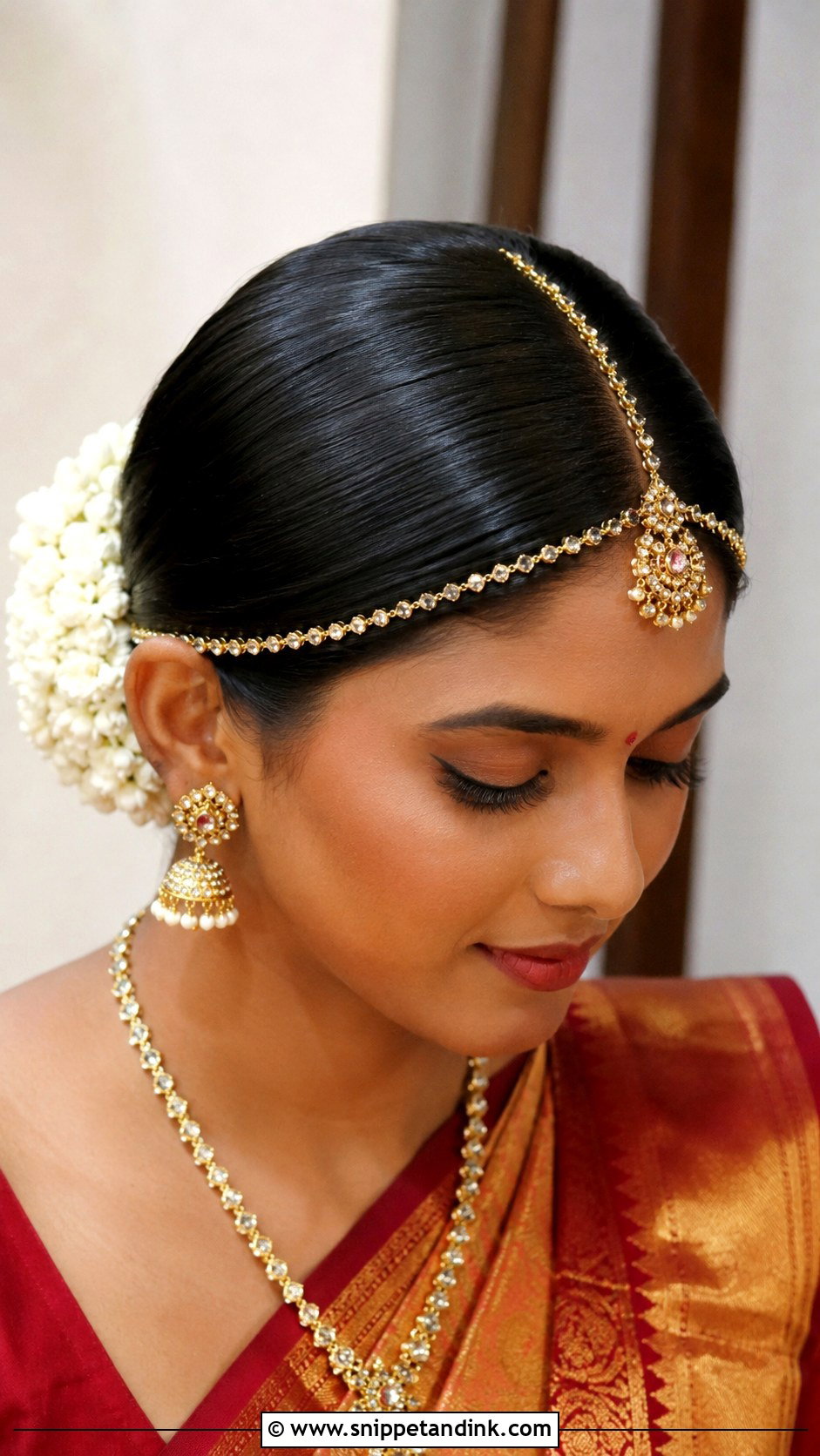 Mathapatti Bun With Gajra - Snippet and Ink - 15 Mathapatti Hairstyles Indian Weddings