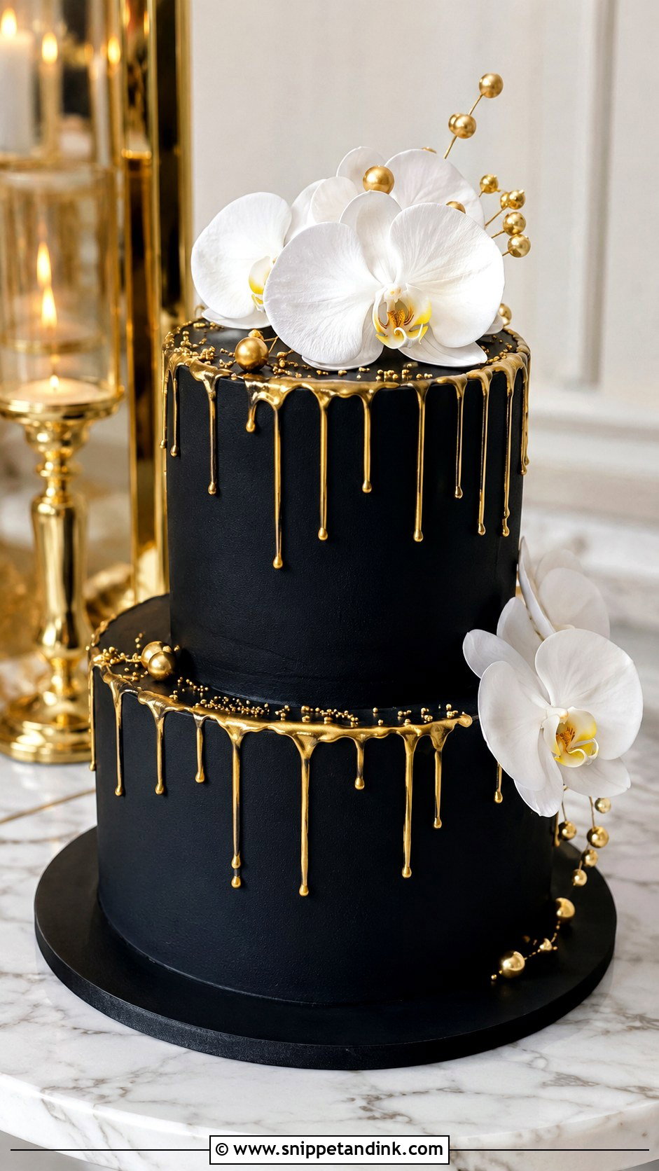 Matte Black Gold Drip Wedding Cake - Snippet and Ink - 20 Black and Gold Drip Cake Ideas for Wedding