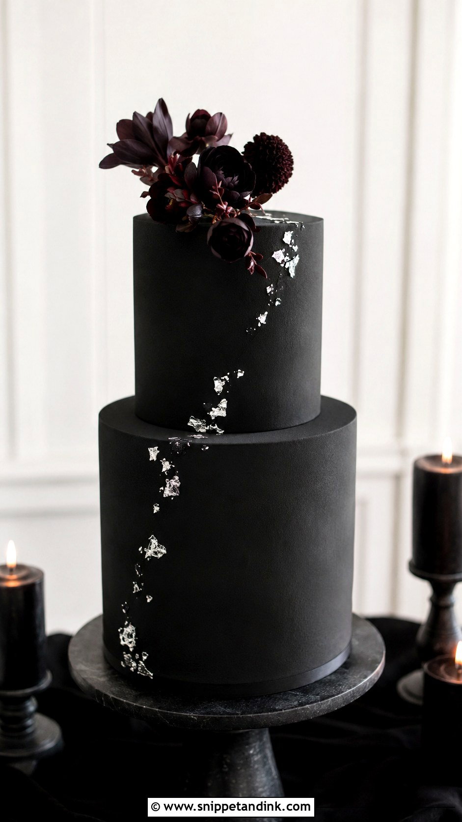 Matte Black Gothic Wedding Cake - Snippet and Ink - 20 Simple Gothic Wedding Cake Ideas