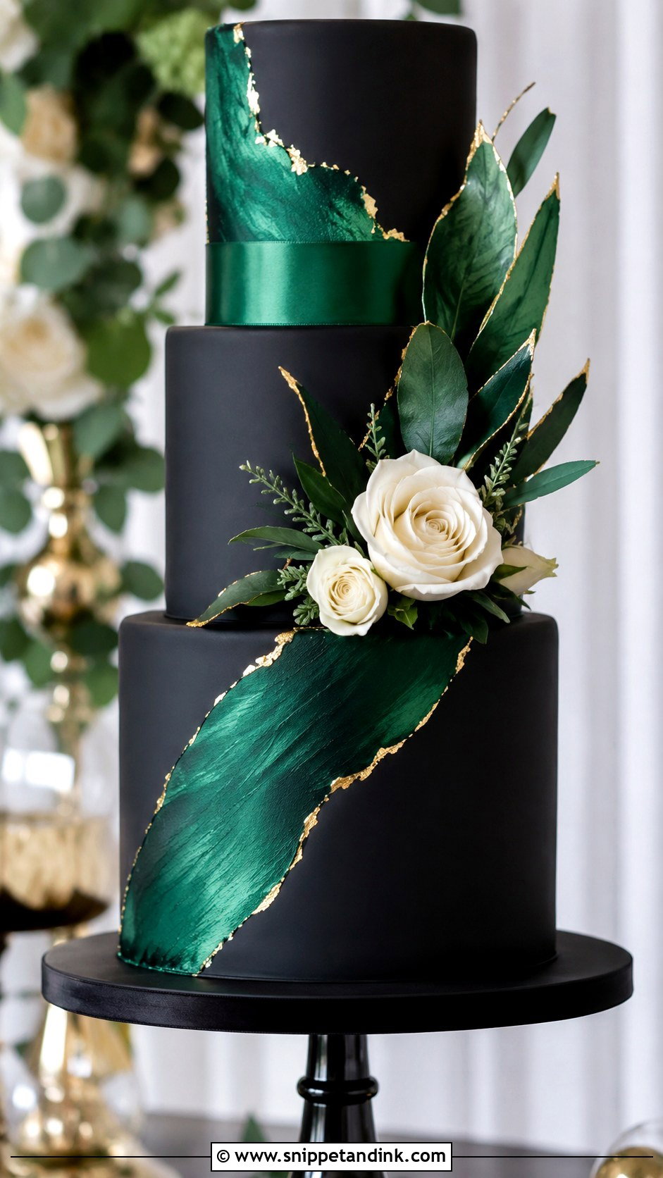 Matte Black Wedding Cake With Emerald Green Accents - Snippet and Ink - 25 Emerald Green and Black Wedding Cake Ideas