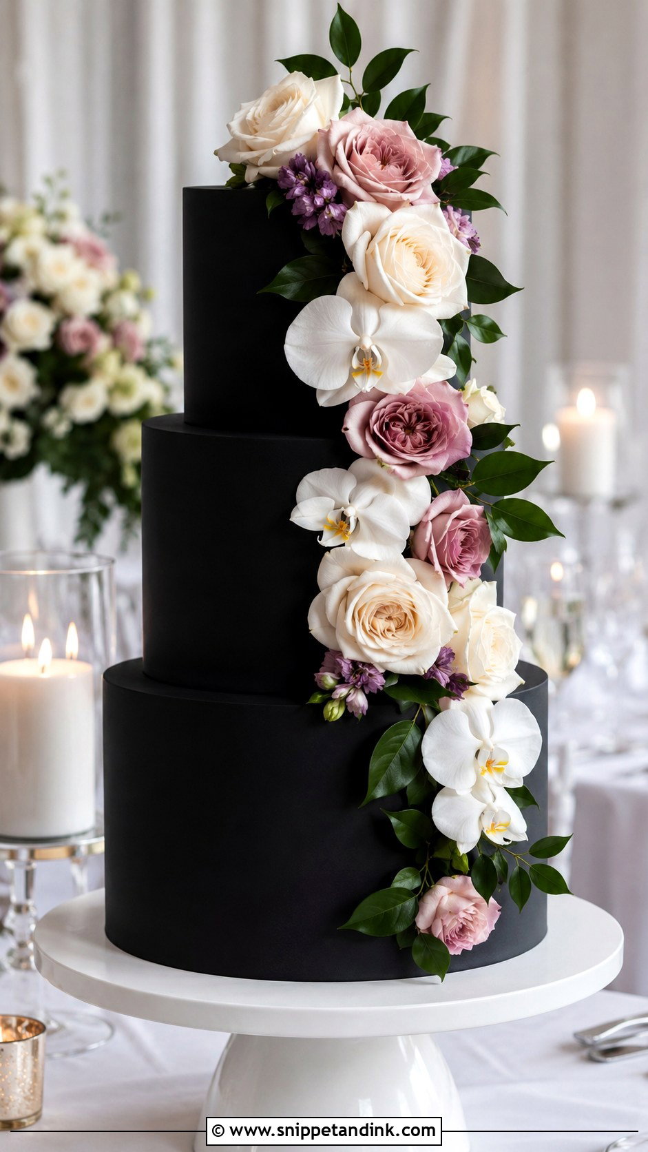 Matte Black Wedding Cake With Floral Cascade - Snippet and Ink - 20 Black Floral Cake Ideas for Wedding