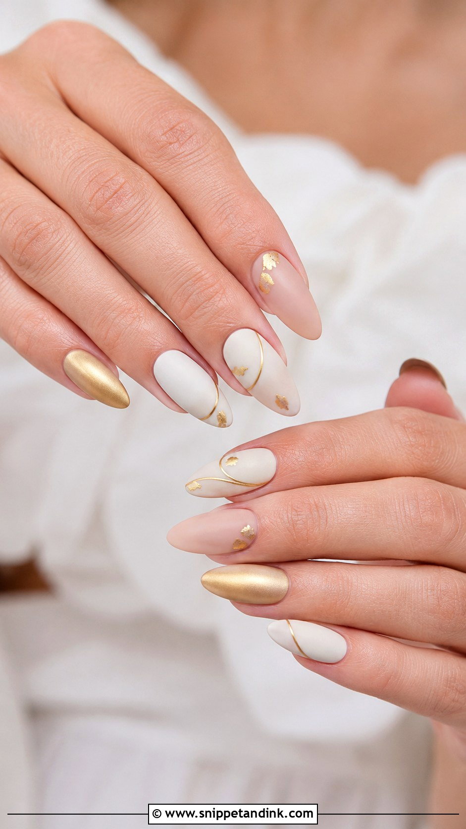 Matte Bridal Nails With Gold Detail - Snippet and Ink - 20 Bridal Nails with Gold