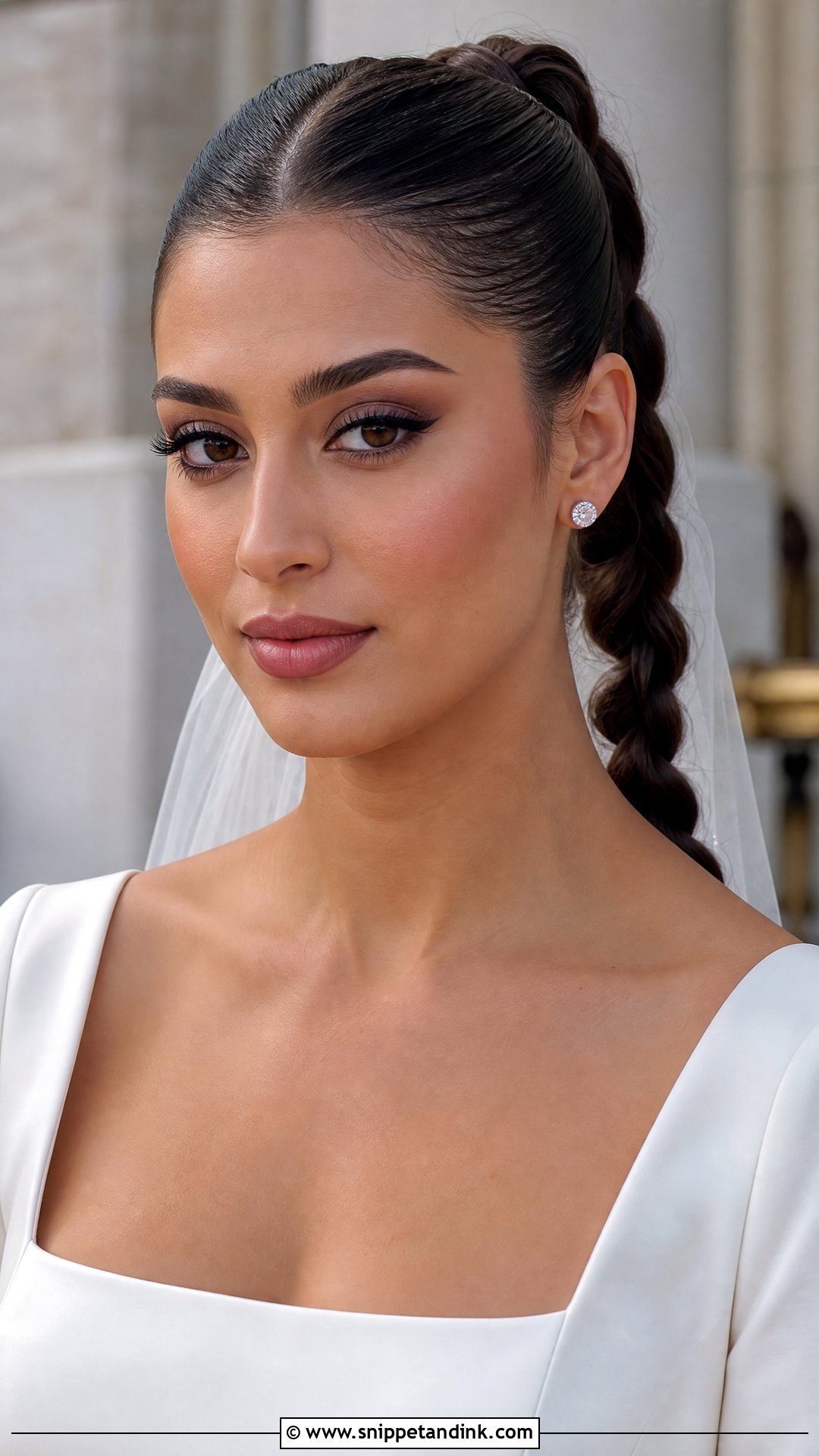 Matte Wedding Makeup With Sleek Braided Ponytail - Snippet and Ink - 20 Braid Makeup Wedding Ideas