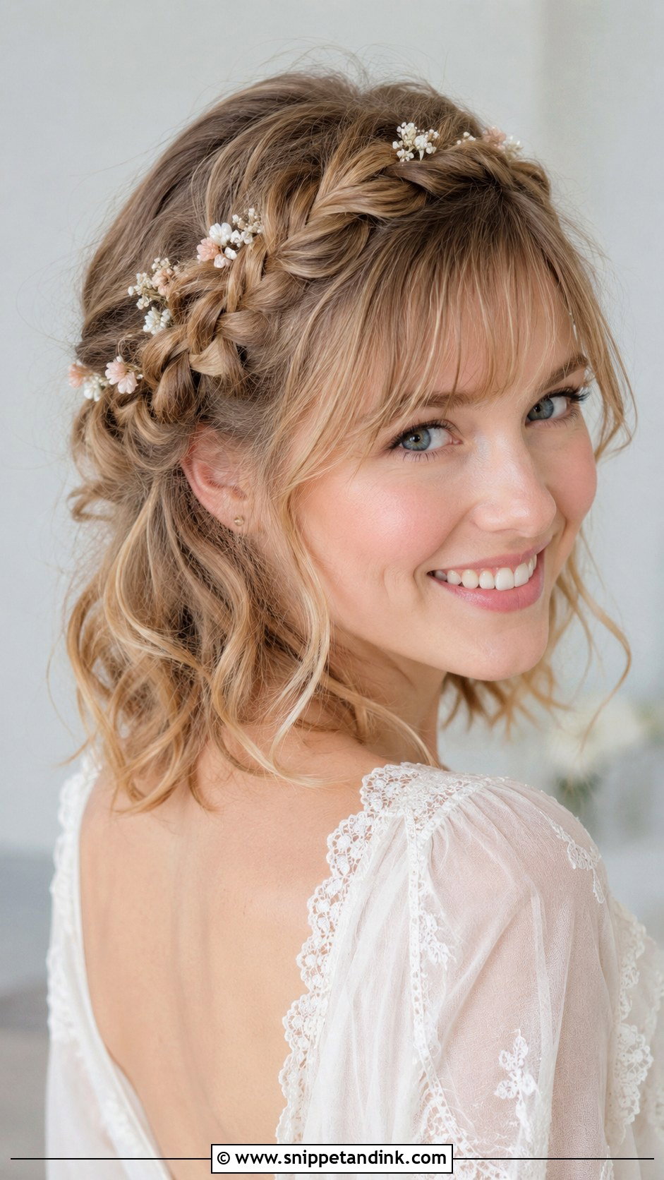 Medium Braided Crown Wedding Hairstyle With Bangs - Snippet and Ink - 15 Medium Wedding Hairstyles with Bangs