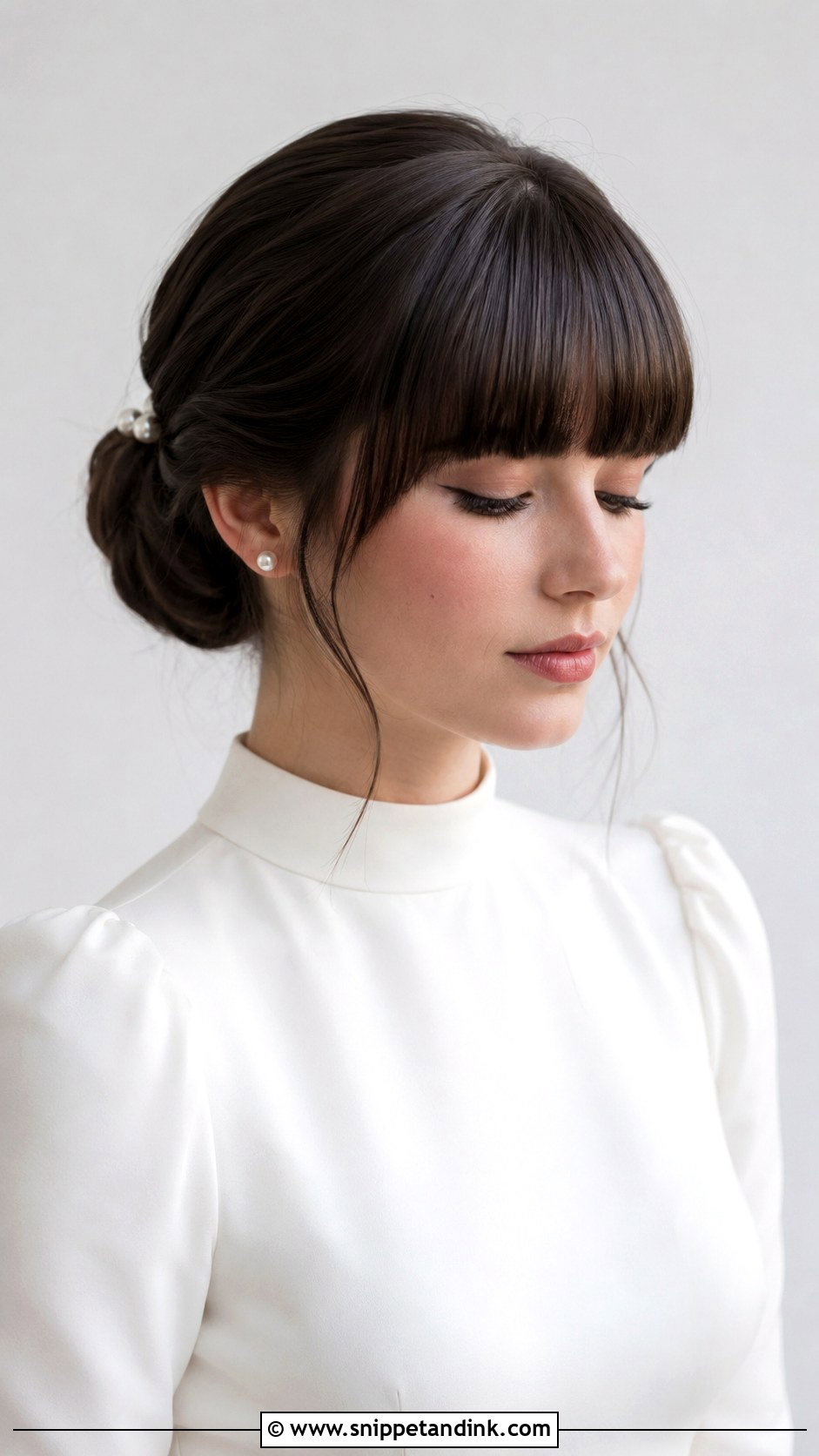 Medium Chignon Wedding Hairstyle With Full Bangs - Snippet and Ink - 15 Medium Wedding Hairstyles with Bangs