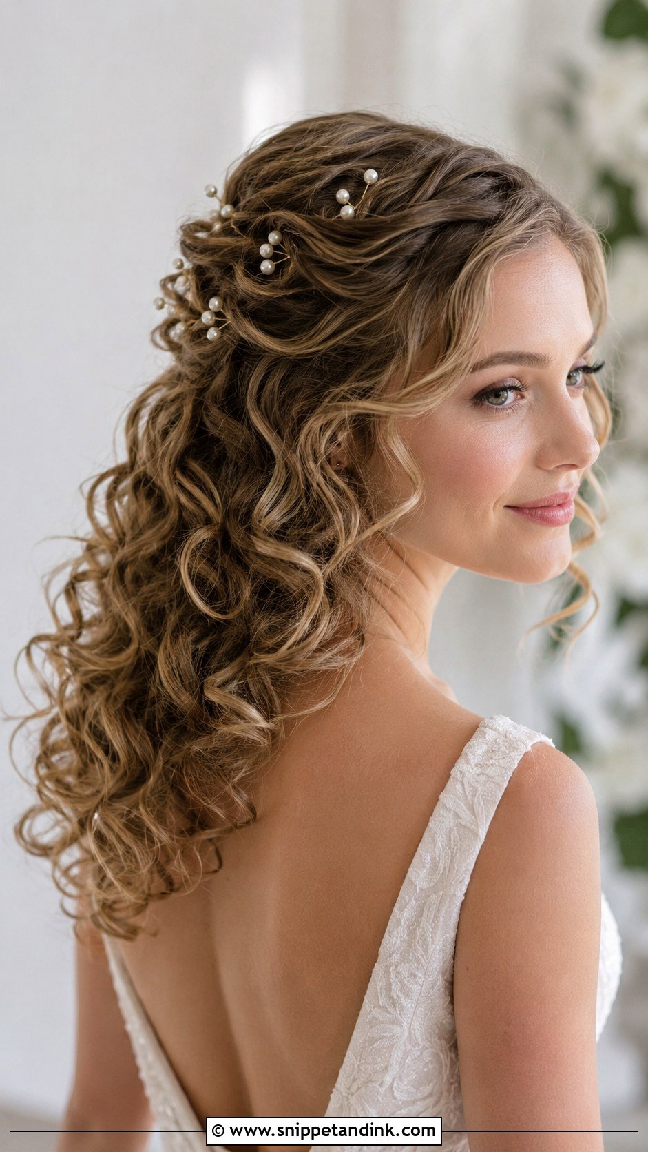 Medium Curly Hair With Pearl Pins - Snippet and Ink - 15 Medium Length Curls Wedding Hairstyles