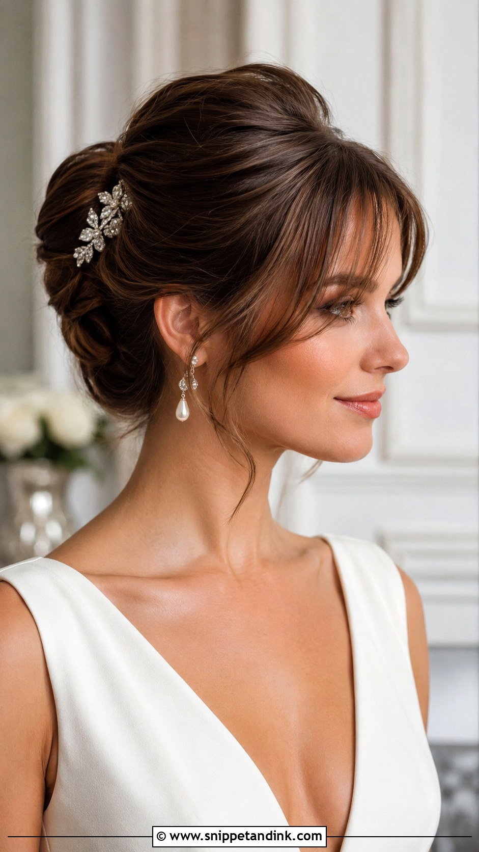 Medium French Twist Wedding Hairstyle With Bangs - Snippet and Ink - 15 Medium Wedding Hairstyles with Bangs