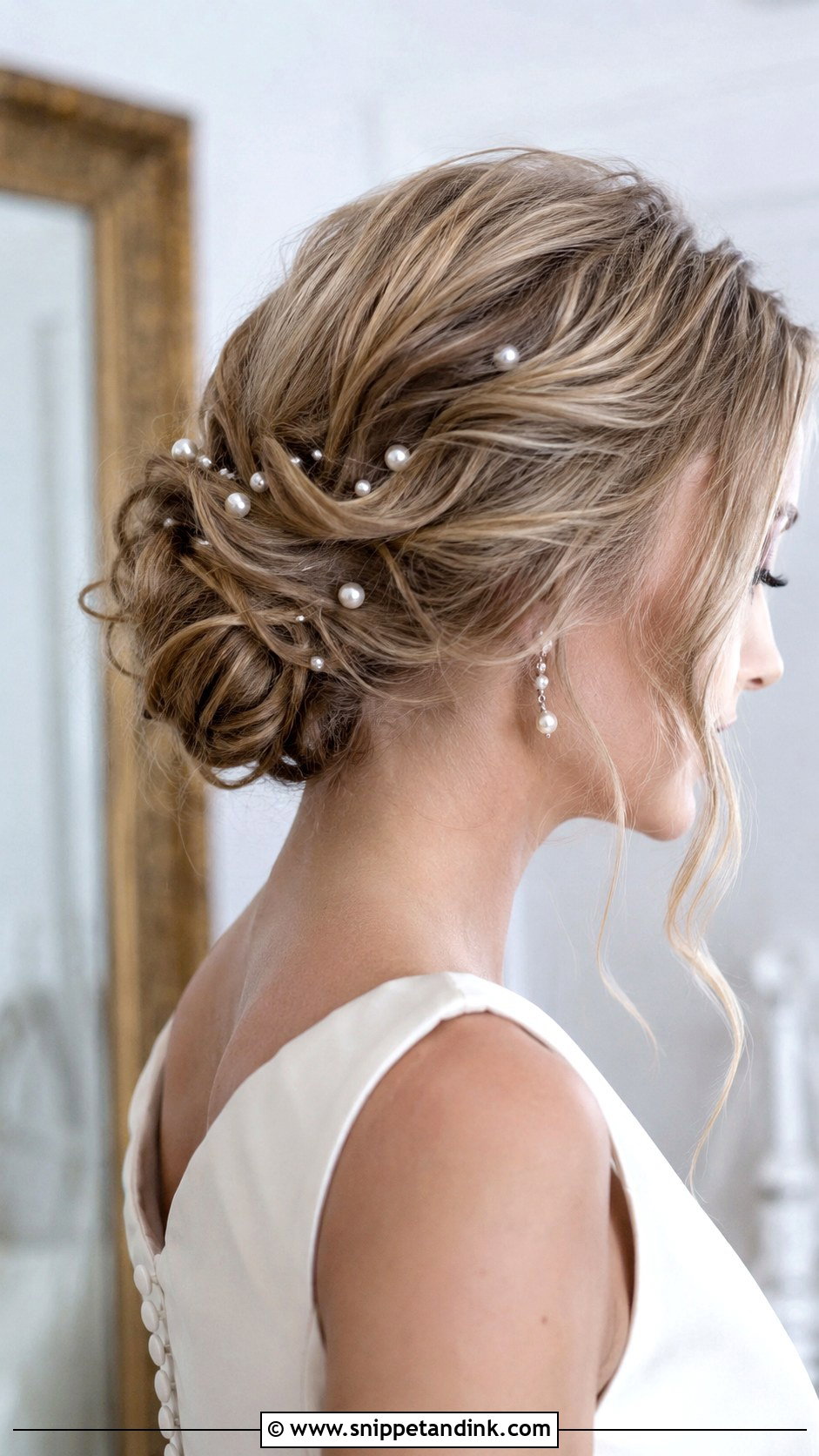 Medium Hair Bride Pearl Pin Updo - Snippet and Ink - 20 Medium Hair Bride Ideas