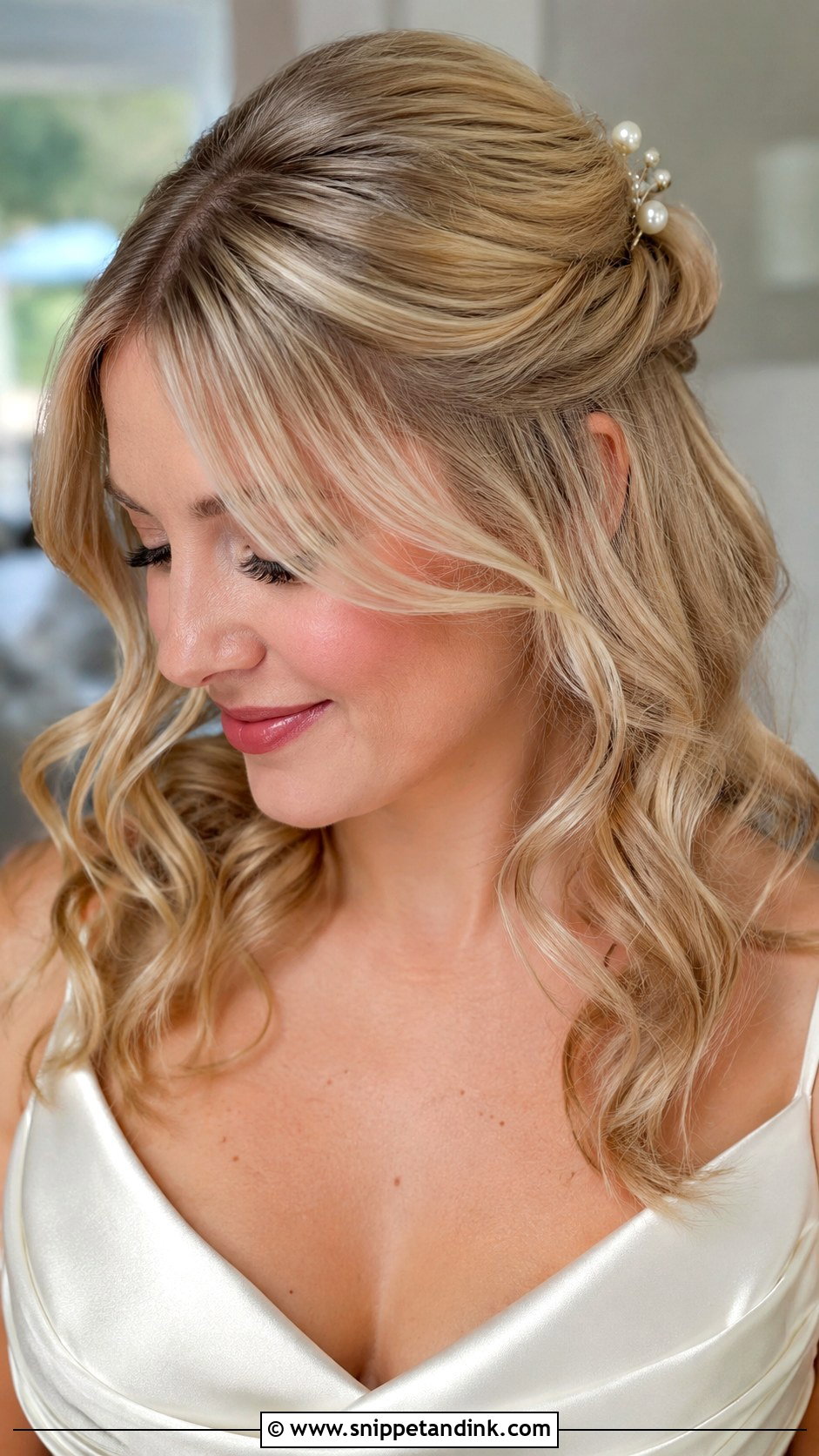 Medium Half Up Wedding Hairstyle With Curtain Bangs - Snippet and Ink - 15 Medium Wedding Hairstyles with Bangs