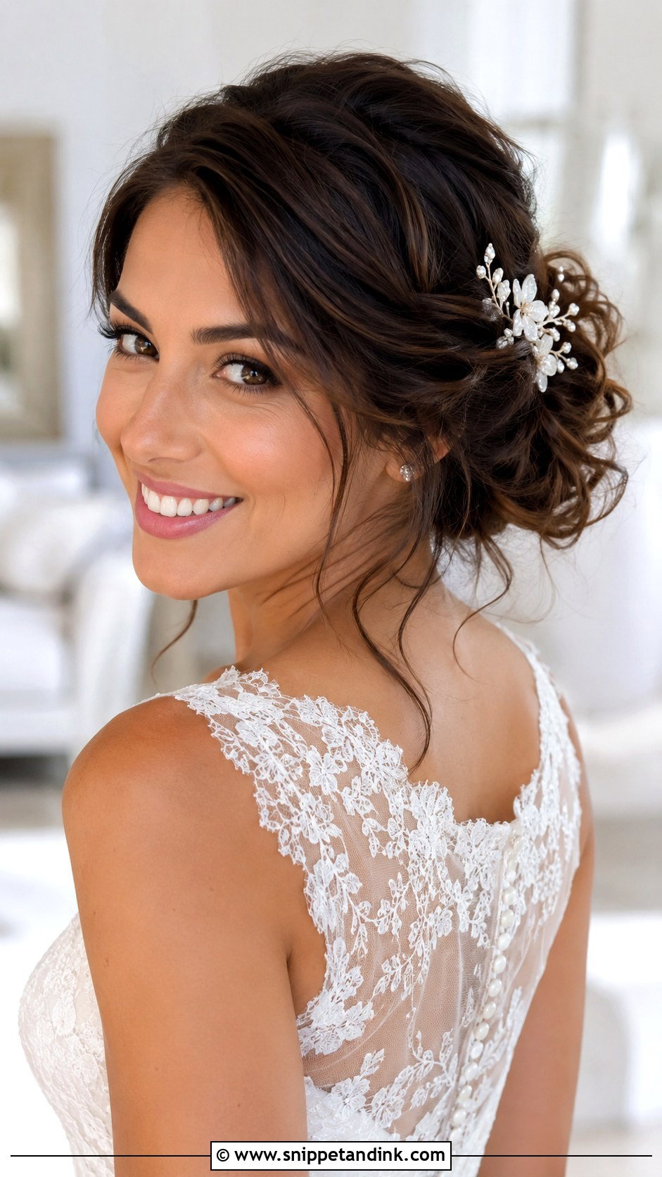Medium Length Bridal Messy Bun - Snippet and Ink - 20 Medium Length Bride Hair Ideas
