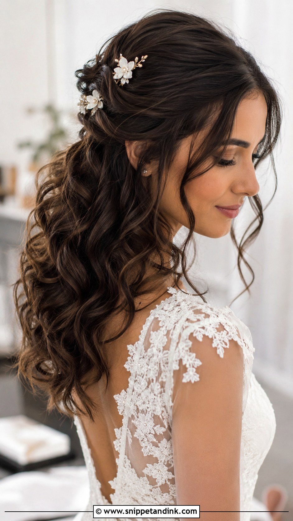 Medium Length Half Up Bridal Hair With Floral Clips - Snippet and Ink - 15 Medium Length Half-Up Bridal Hairstyles