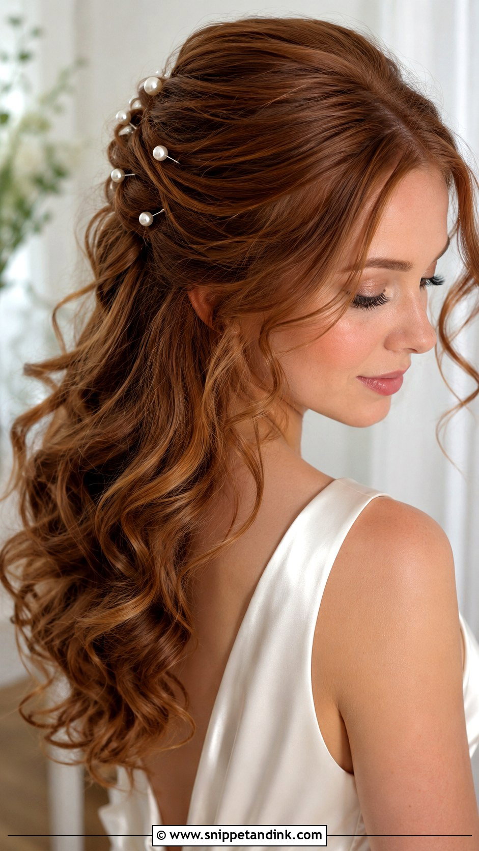 Medium Length Half Up Bridal Hair With Pearl Pins - Snippet and Ink - 15 Medium Length Half-Up Bridal Hairstyles