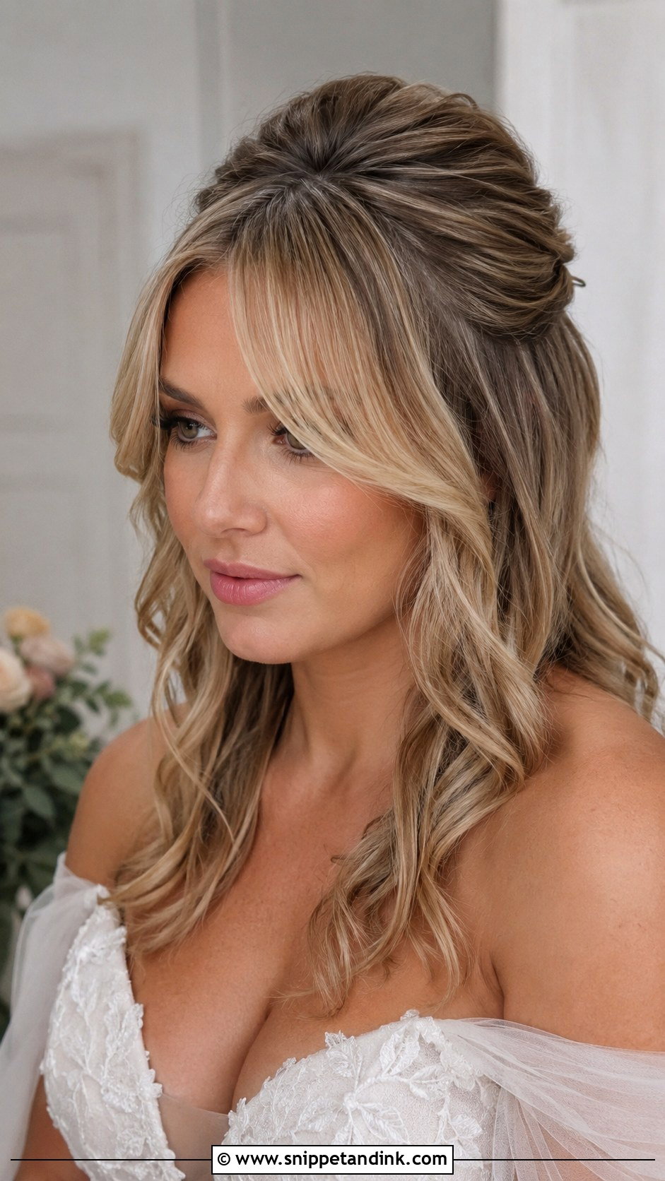 Medium Length Half Up Wedding Hair With Bangs - Snippet and Ink - 15 Medium Length Wedding Hair with Bangs