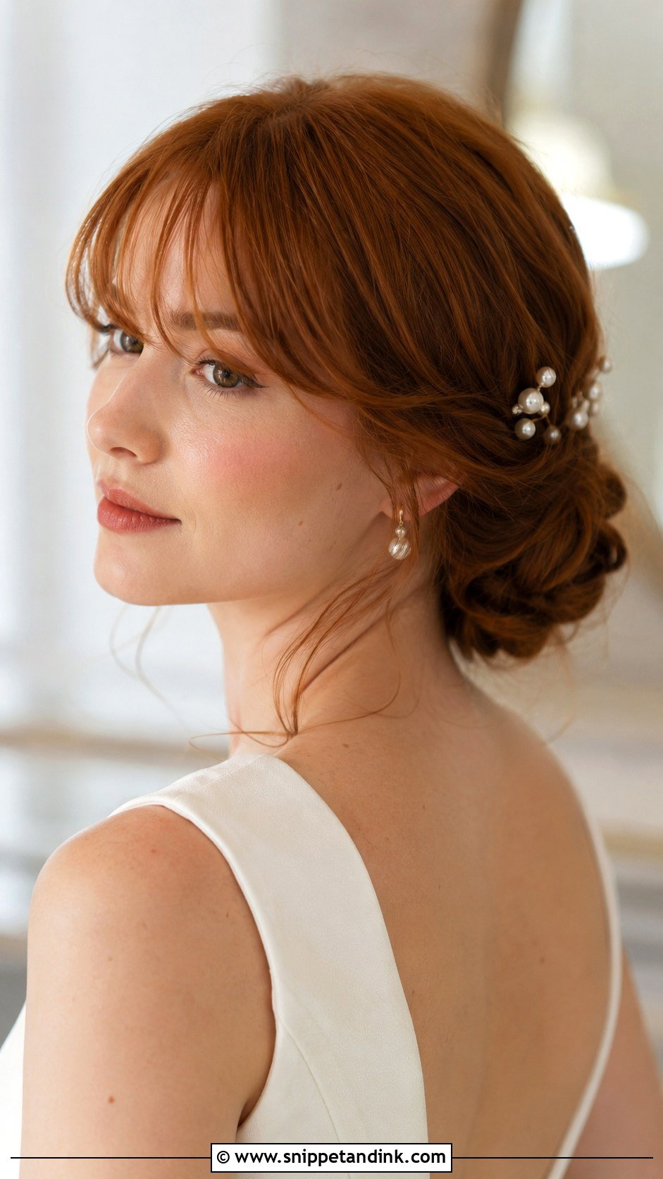 Medium Length Low Bun Wedding Hair With Bangs - Snippet and Ink - 15 Medium Length Wedding Hair with Bangs
