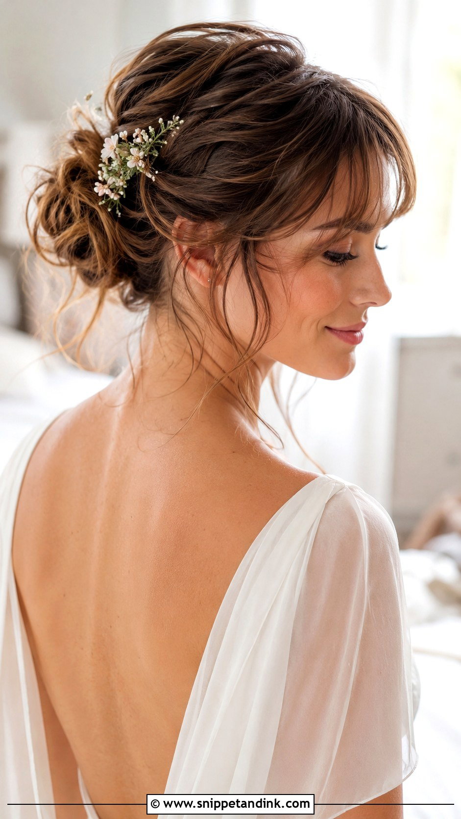 Medium Length Messy Bun Wedding Hair With Bangs - Snippet and Ink - 15 Medium Length Wedding Hair with Bangs
