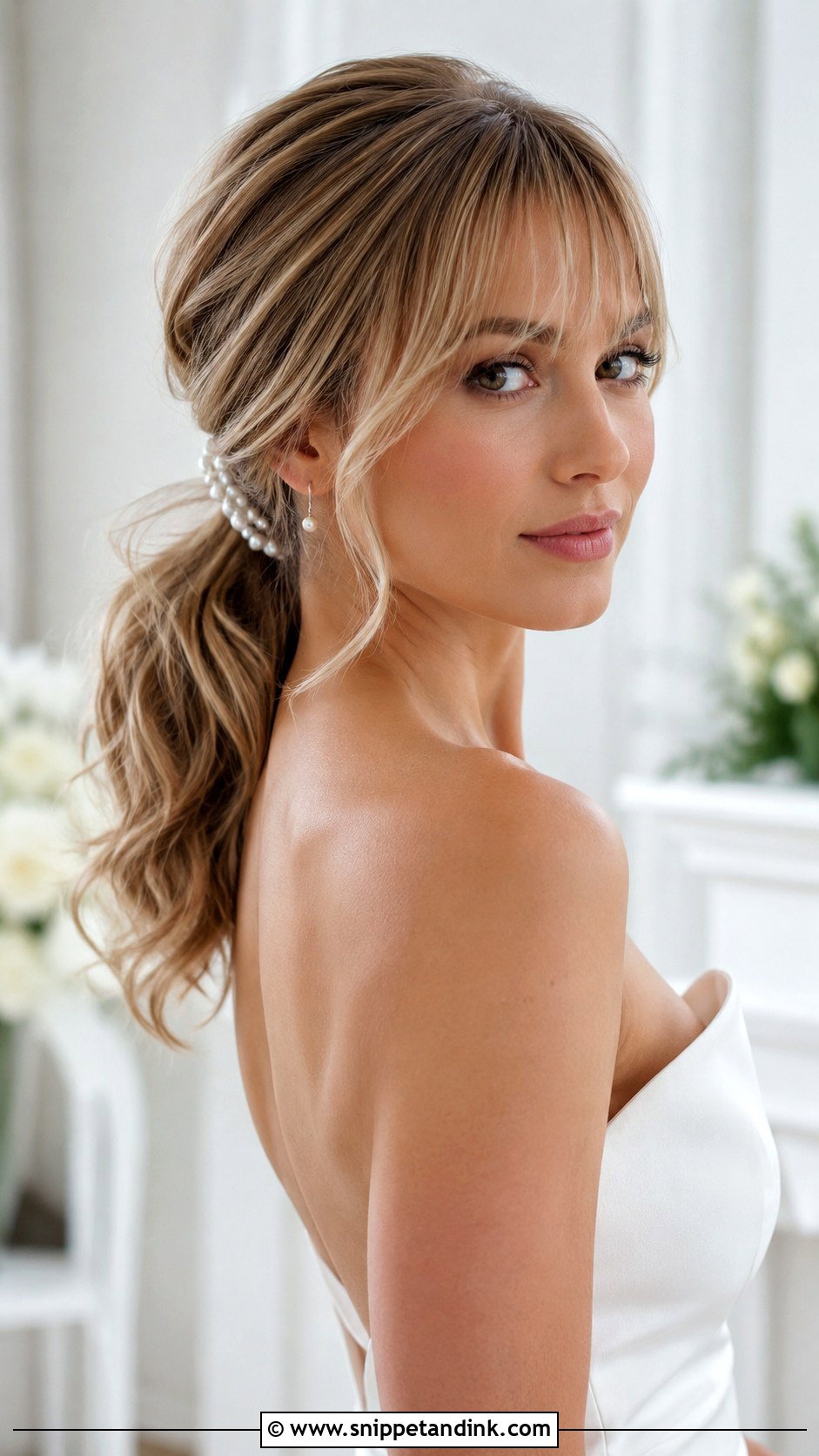 Medium Length Ponytail Wedding Hair With Bangs - Snippet and Ink - 15 Medium Length Wedding Hair with Bangs