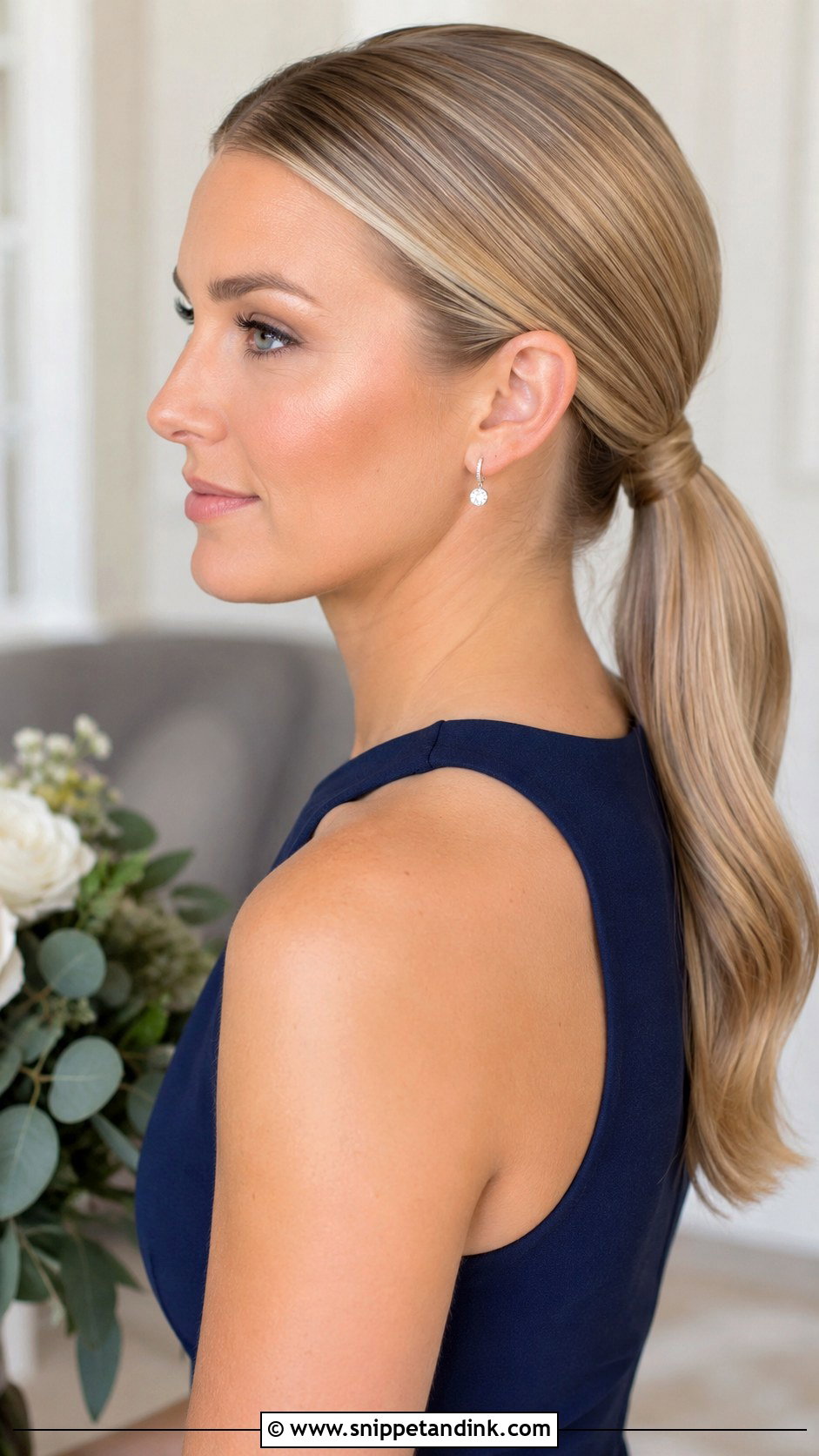 Medium Length Sleek Low Ponytail Bridesmaid Hair - Snippet and Ink - 20 Simple Bridesmaid Hair Medium Length Ideas