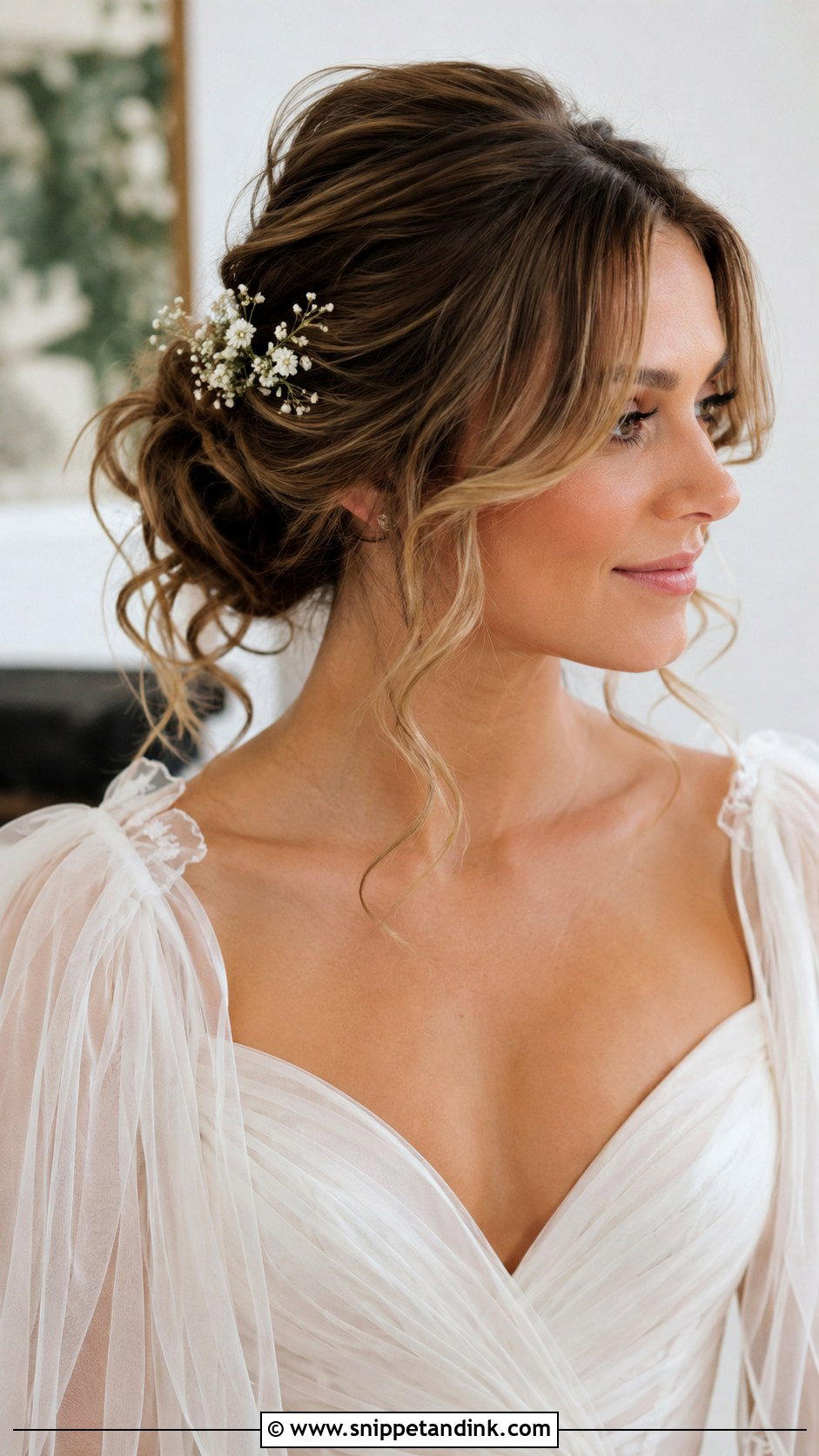Medium Messy Bun Wedding Hairstyle With Curtain Bangs - Snippet and Ink - 15 Medium Wedding Hairstyles with Bangs