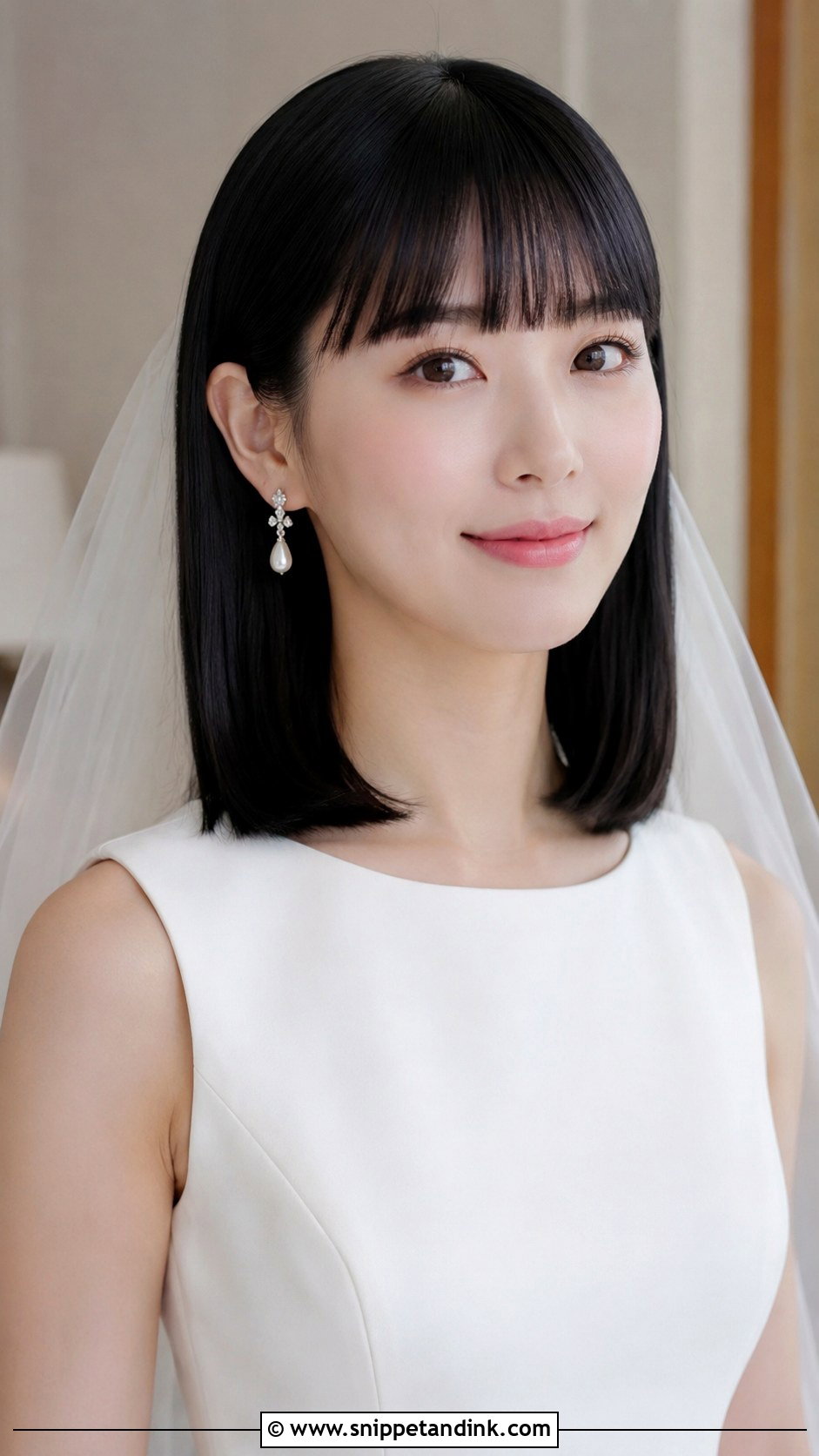 Medium Sleek Wedding Hairstyle With Blunt Bangs - Snippet and Ink - 15 Medium Wedding Hairstyles with Bangs