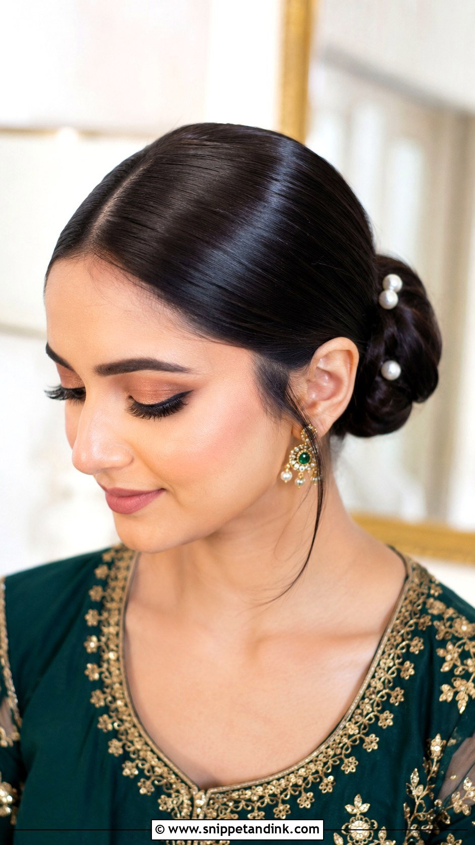 Mehendi Bridesmaid Sleek Bun - Snippet and Ink - 20 Mehendi Bridesmaid Hairstyles