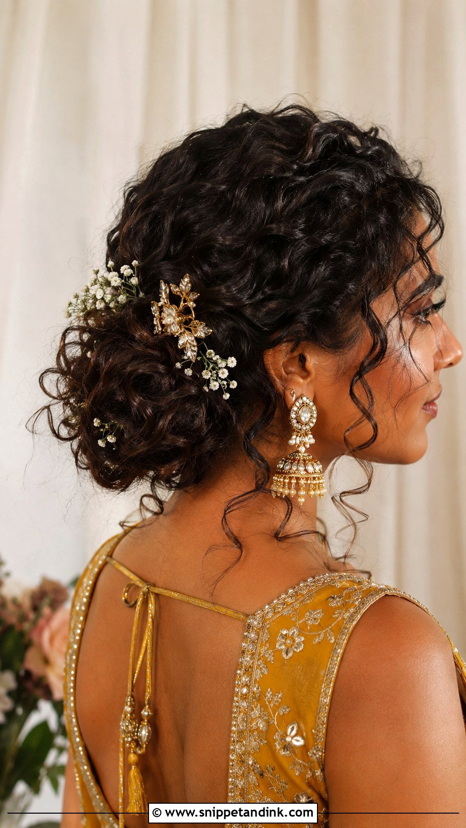 Mehndi Bridesmaid Curly Hair Updo - Snippet and Ink - 30 Mehndi Bridesmaid Hairstyles