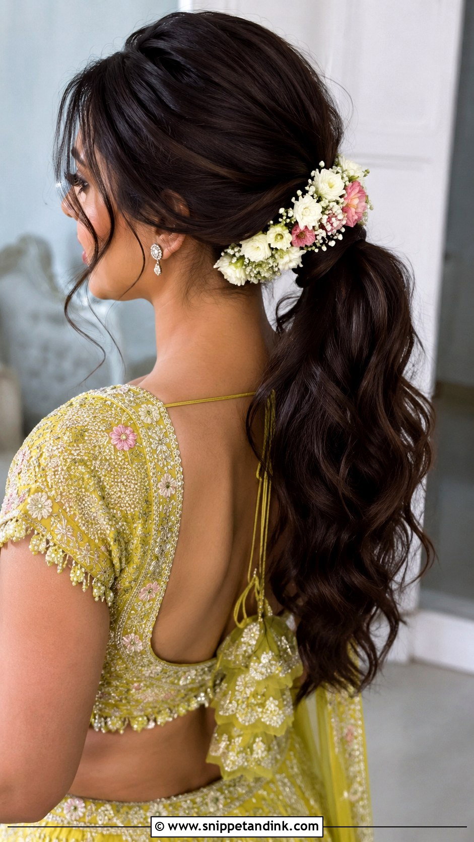 Mehndi Bridesmaid Floral Ponytail - Snippet and Ink - 30 Mehndi Bridesmaid Hairstyles