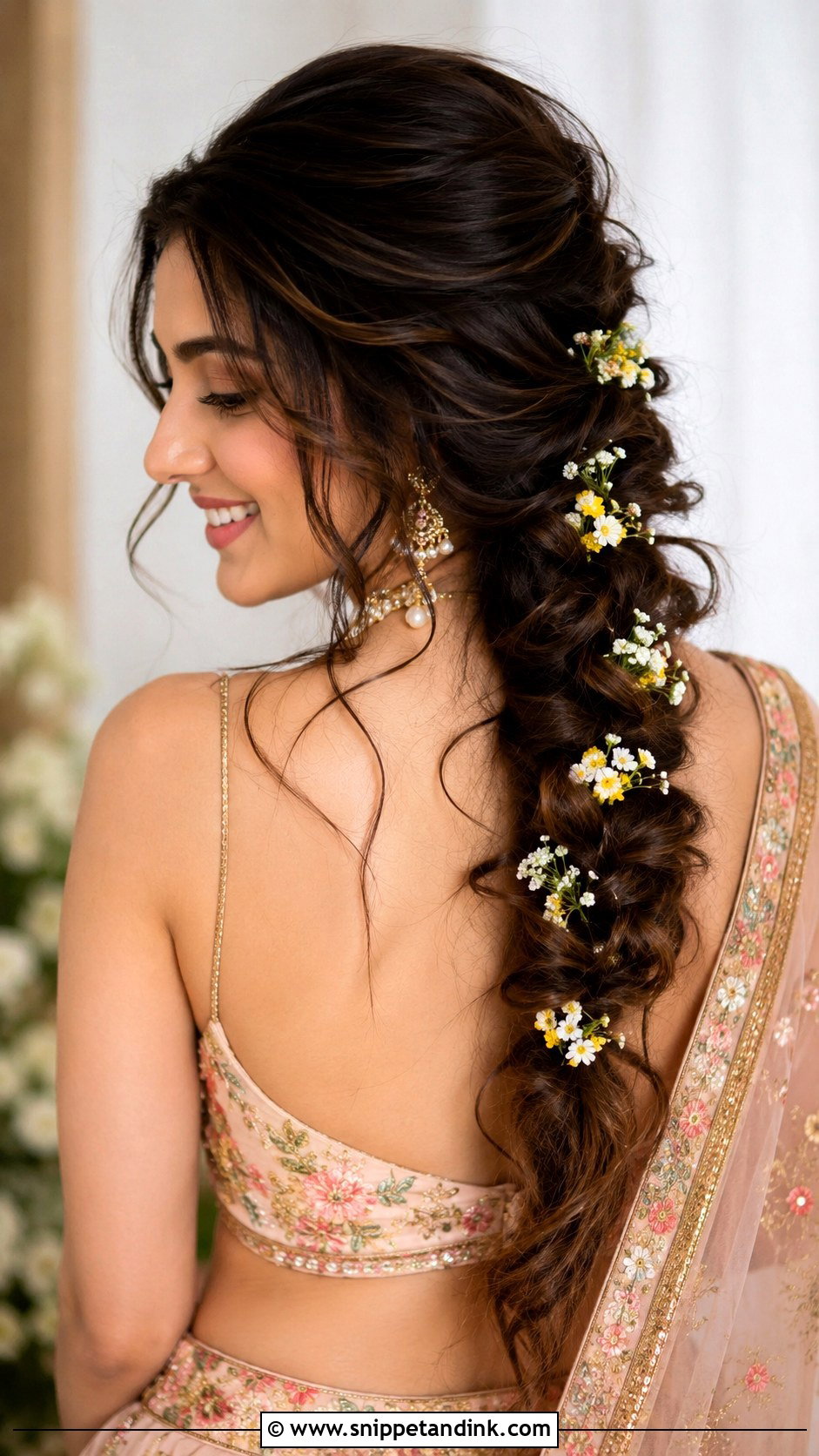 Mendhi Loose Braid With Flowers - Snippet and Ink - 20 Mendhi Bridesmaid Hairstyles