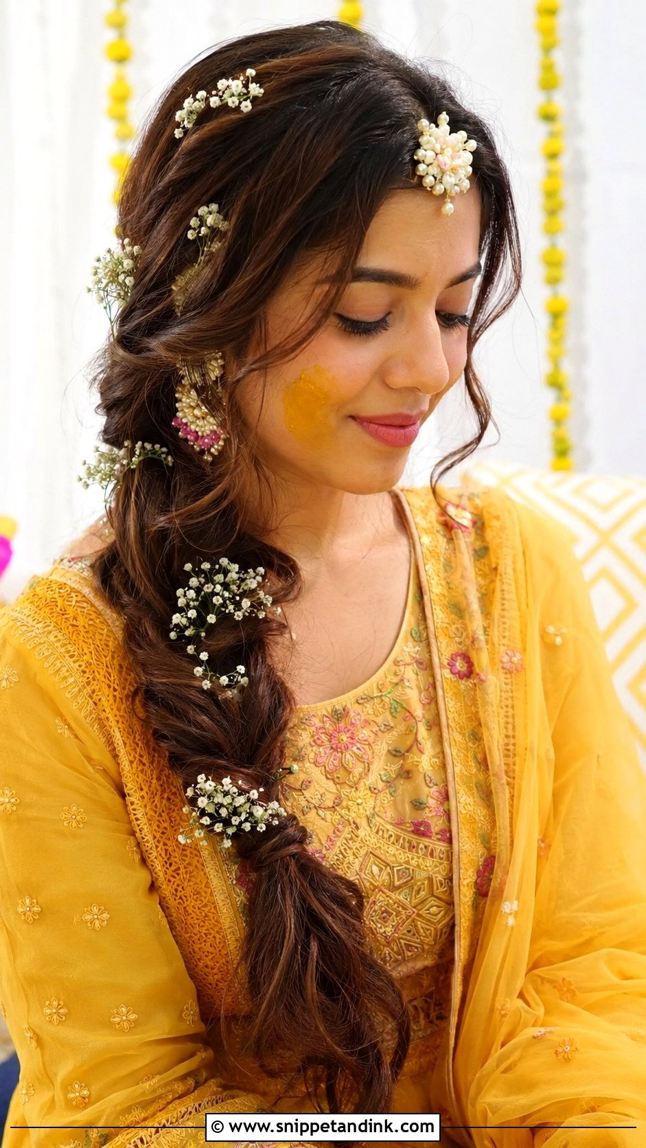 Messy Braid With Babys Breath - Snippet and Ink - 25 Haldi Ceremony Hairstyle for Bride Ideas