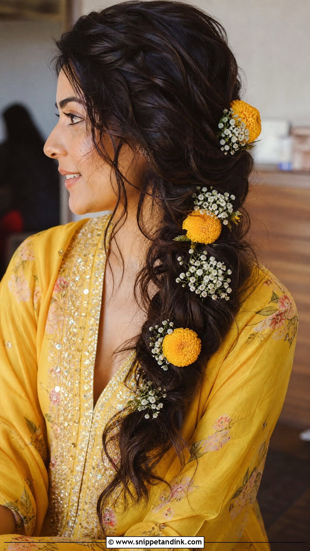 Messy Braid With Fresh Flowers - Snippet and Ink - 20 Haldi Bridal Hairstyle Ideas
