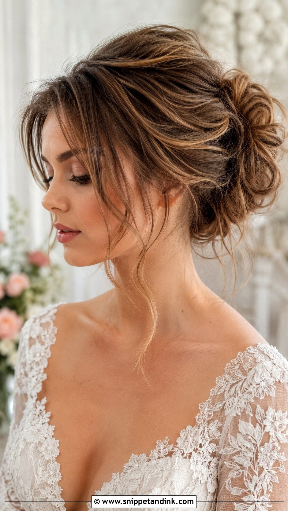 Messy Bridal Bun With Loose Strands - Snippet and Ink - 20 Spring Wedding Hair Ideas