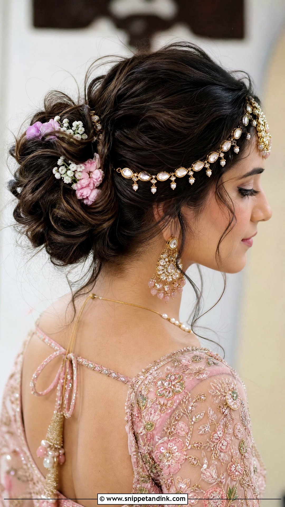 Messy Bridal Bun With Matha Patti - Snippet and Ink - 15 Bridal Hairstyles with Matha Patti