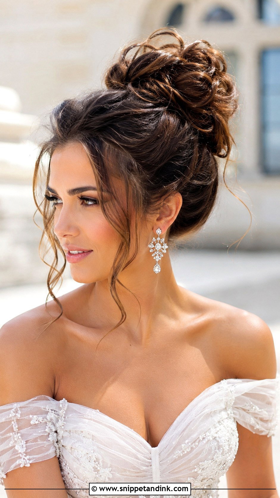Messy Brunette High Bun - Snippet and Ink - 25 Brunette Wedding Hairstyles
