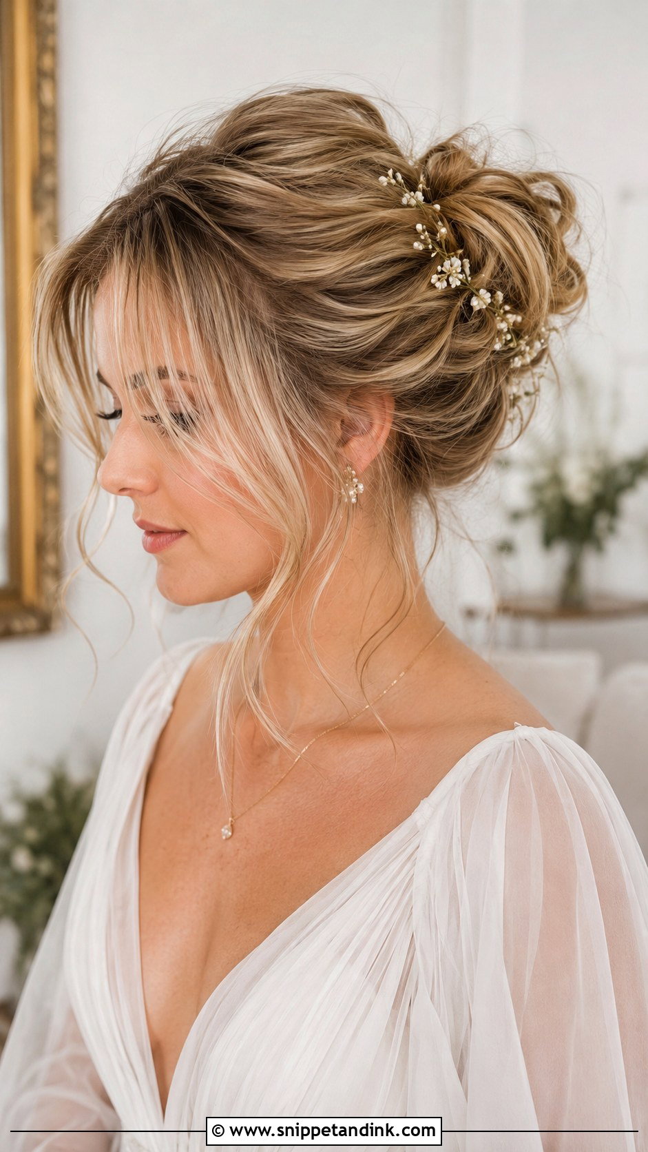 Messy Bun Bridal Hair With Bangs - Snippet and Ink - 20 Bride Hair with Bangs