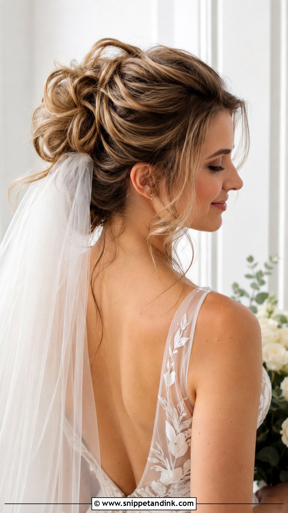 Messy Bun Updo With Soft Tulle Veil - Snippet and Ink - 25 Updo with Veil Ideas