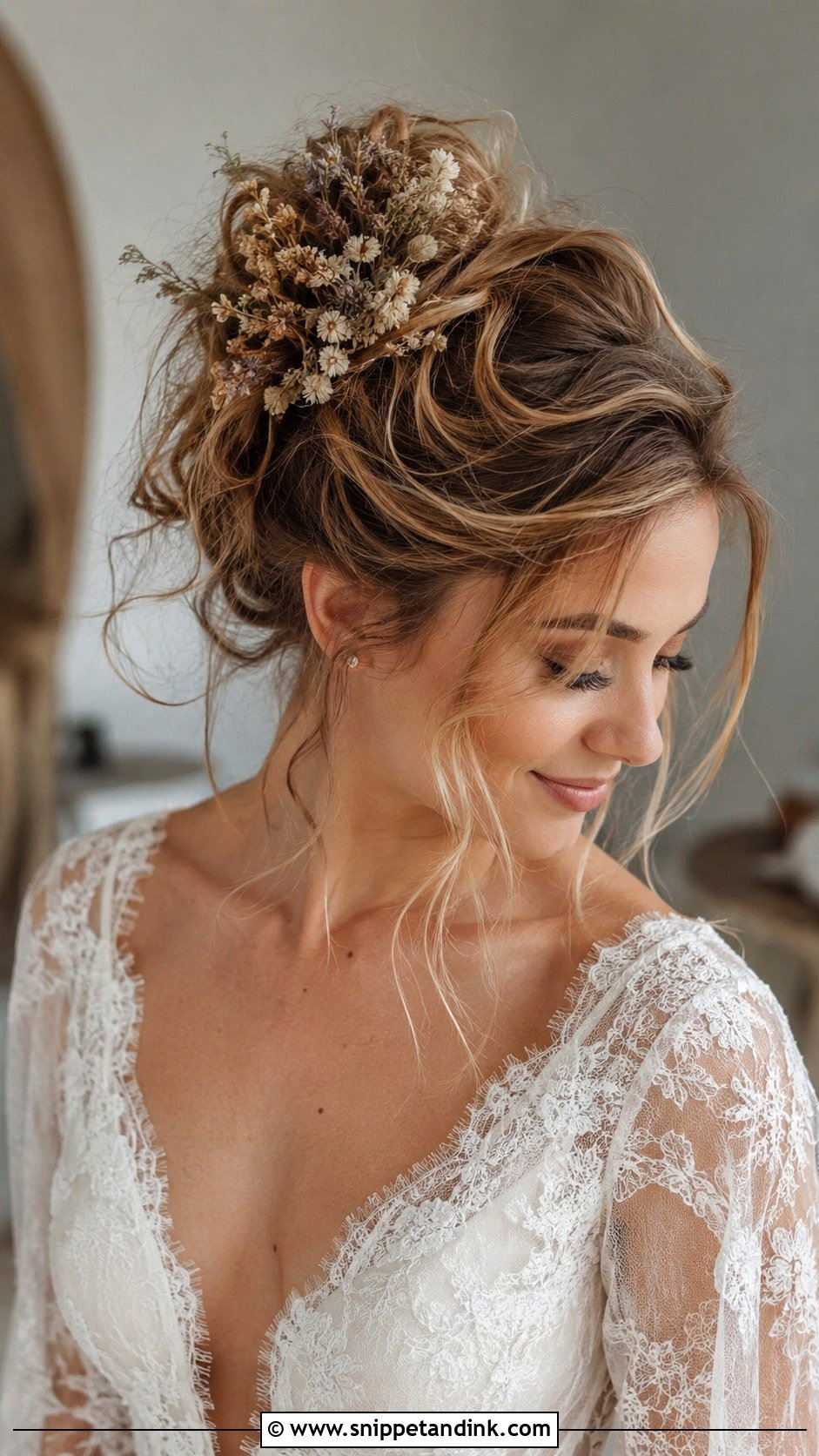 Messy Bun Updo for a Boho Bride - Snippet and Ink - 20 Bridal Hair Updo Front View Ideas